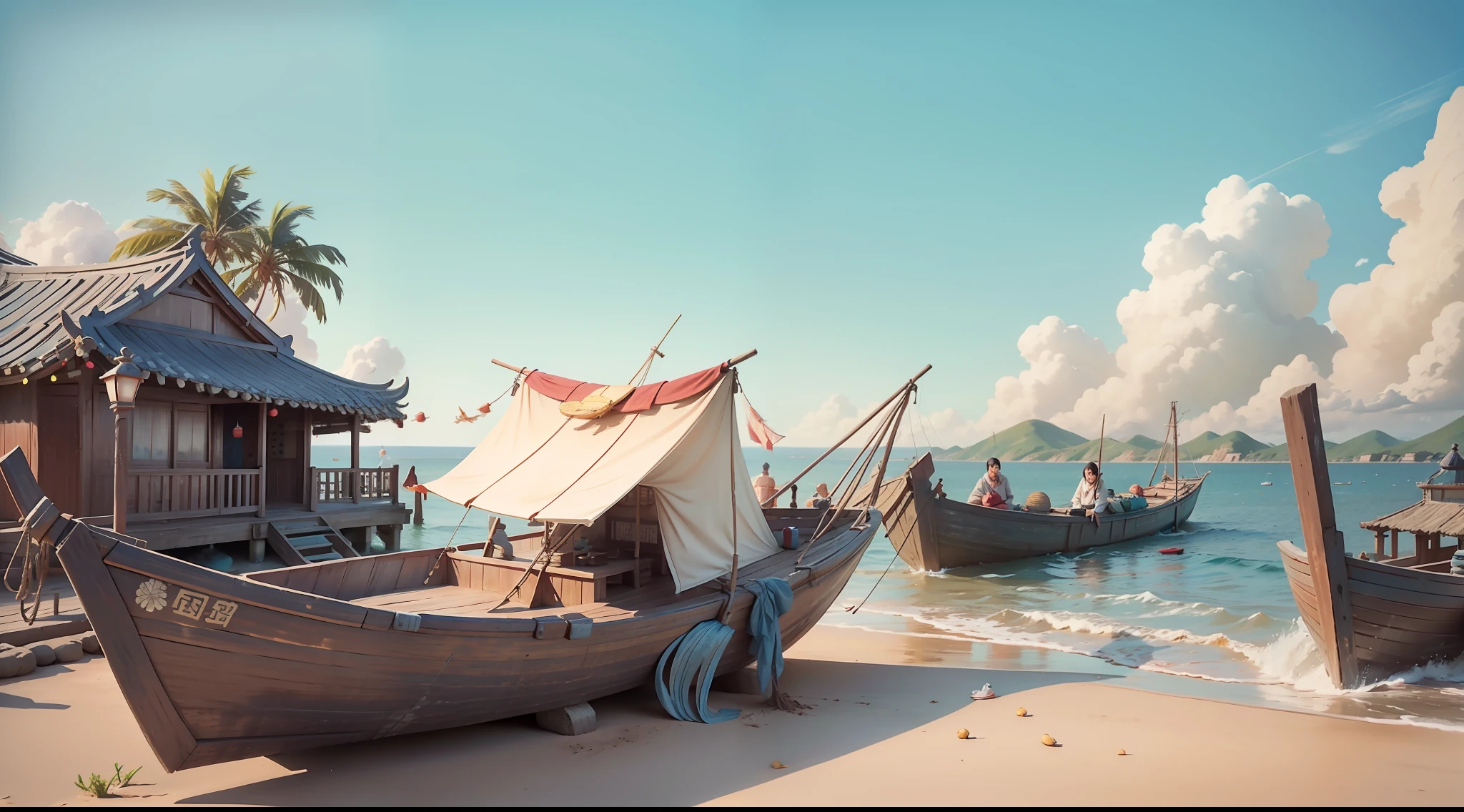 Ancient Chinese seaside，Song dynasty village，By the sea in summer，sandbeach，Several ancient Chinese fishing boats in the distance，Ancient attic，Fujian, China，islands，Fishing village marina，Wearing a short coat in the distance，shorter pants，Barefoot ancient fishermen，brunette color hair，beautiful weather，Blue skies，and the sun was shining brightly，brilliant colorful，Happy summer vacation，The picture is simple，Close-up，The sun is shining，The waves hit in the distance，The vision is impactful，3D DreamWorks style，The perspective is square，wide angles，Faraway view，large panorama