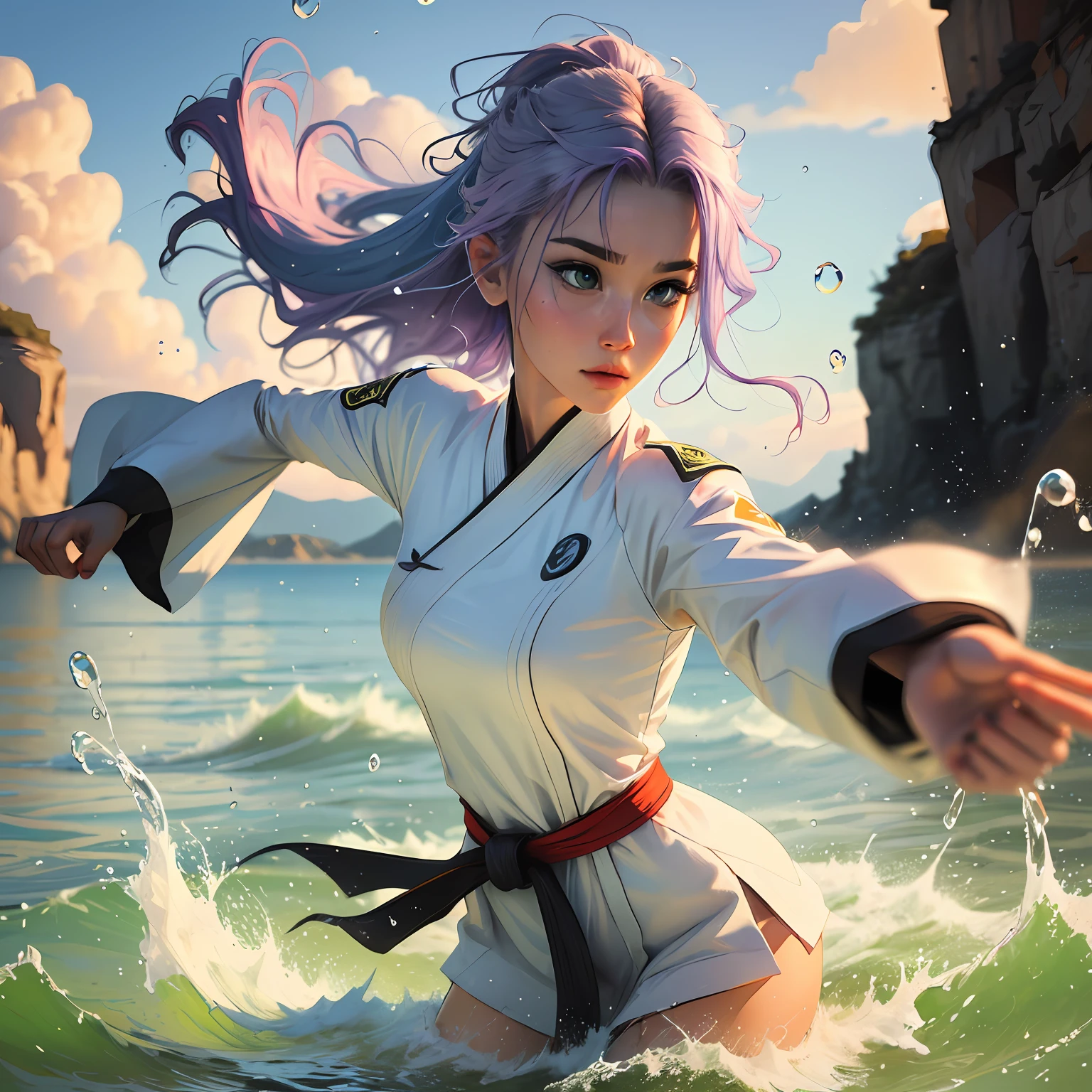 1. A girl in a white martial arts costume,The background is clouds and water droplets floating in the water,She has blue eyes and colorful hair(Individually weighted:Silvery hair:1.3,red tinted hair:1.2,Purple colored hair,Yellow hair:1.3,Green hair:1.3) - Generate Ultra HD CG wallpapers,Fine to the extreme,It's a masterpiece,Best image quality,Dynamic angles and postures,Has a beautiful face and neck strap,The background has a twilight and watercolor effect。
Please note,This is an optimization of the prompt text,Generate images for better guidance on stable diffusion models。