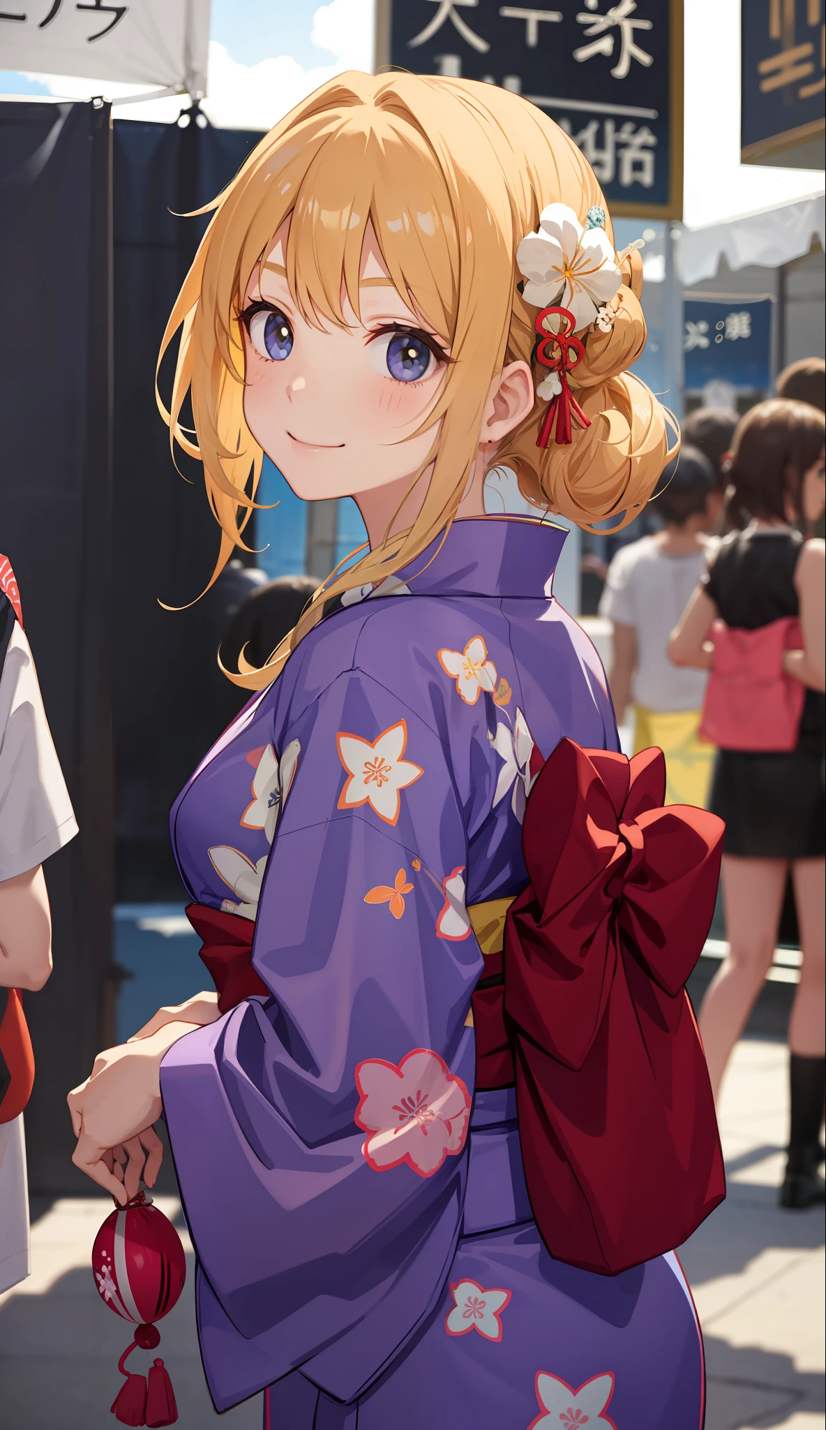 1girl in、A smile、Summer festival、skyrocket、Wearing a yukata、(Upper body portrait)、
