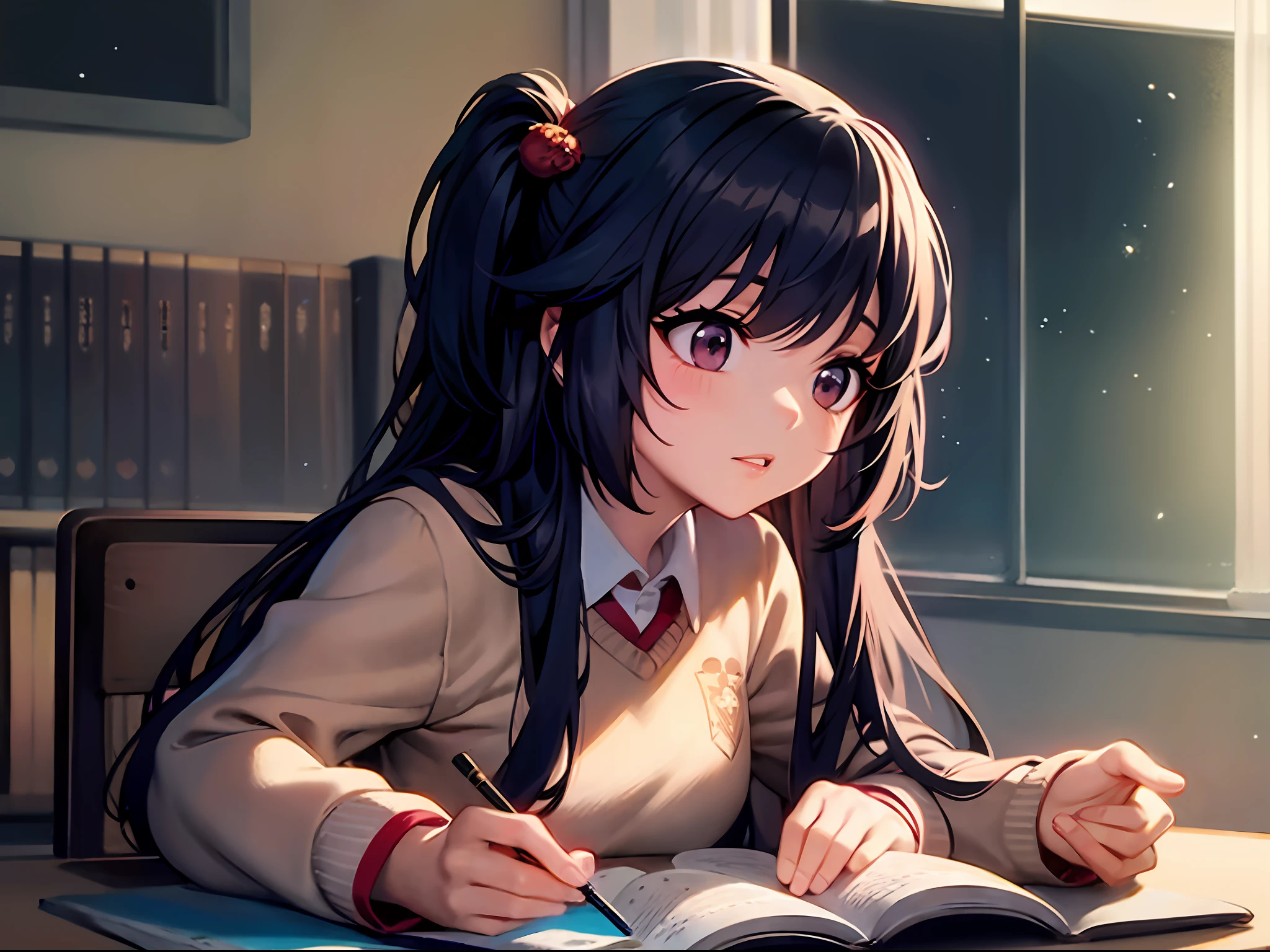 Anime girl sitting at table，Holding a book and a flower in his hand, Beautiful Anime High School Girls, Anime moe art style, drawn in anime painter studio, Surrealism female students, anime visual of a cute girl, ilya kuvshinov with long hair, Marin Kitagawa fanart, up of young anime girl, She has black hair，By bangs, Surrealism female students