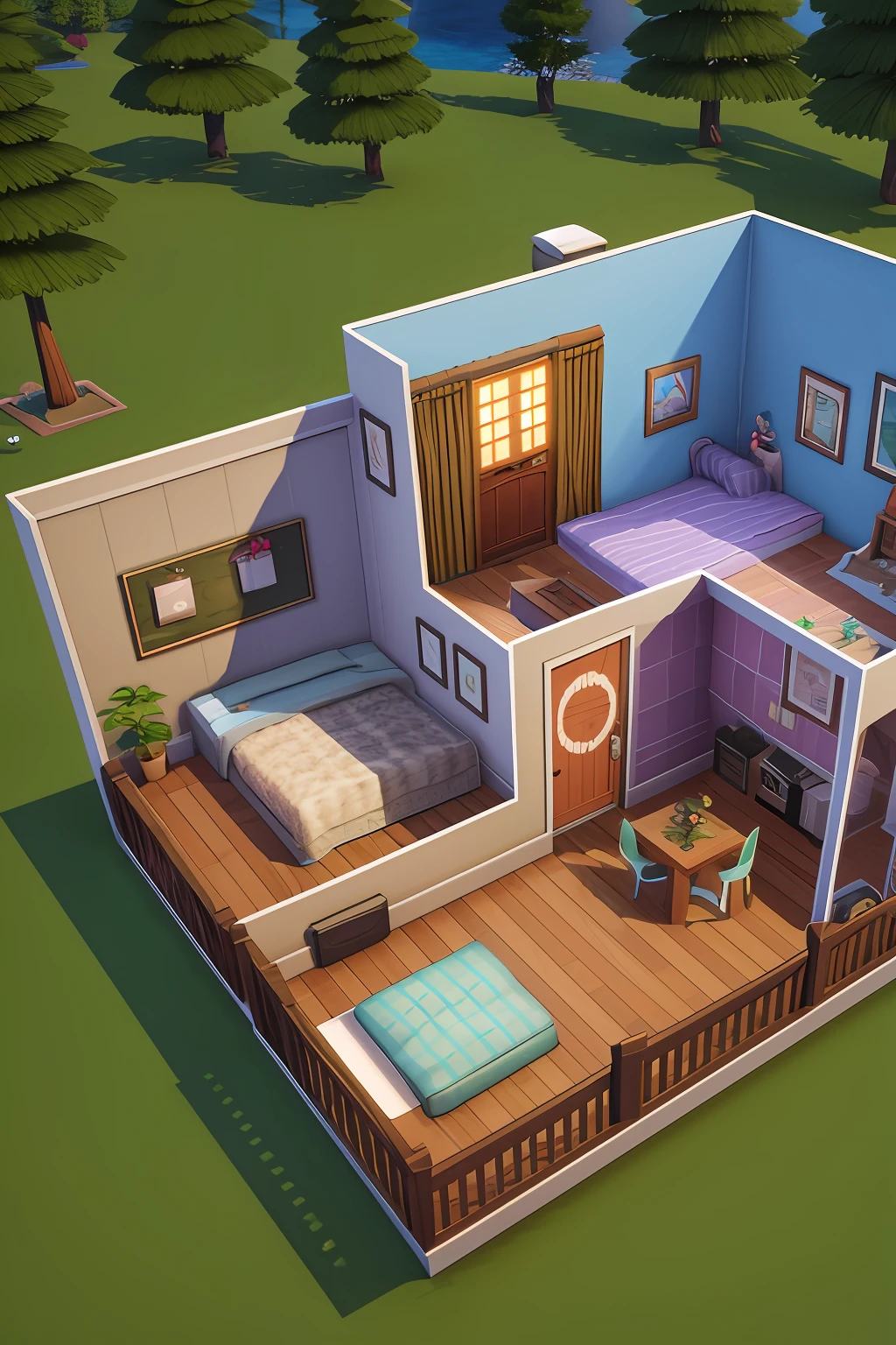 Isometric view of a photo studio like the sims, simlish, 3d model, cottagecore, sim, cozy, blueprint, game concept