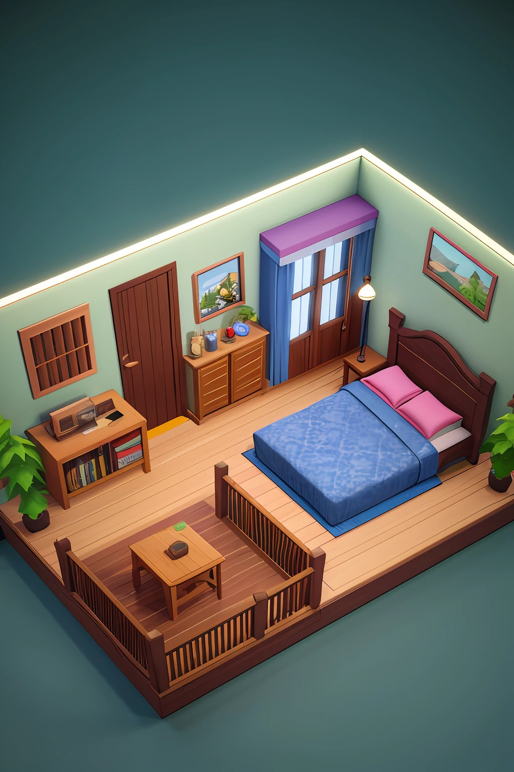 Isometric view of a photo studio like the sims, simlish, 3d model, cottagecore, sim, cozy, blueprint, game concept