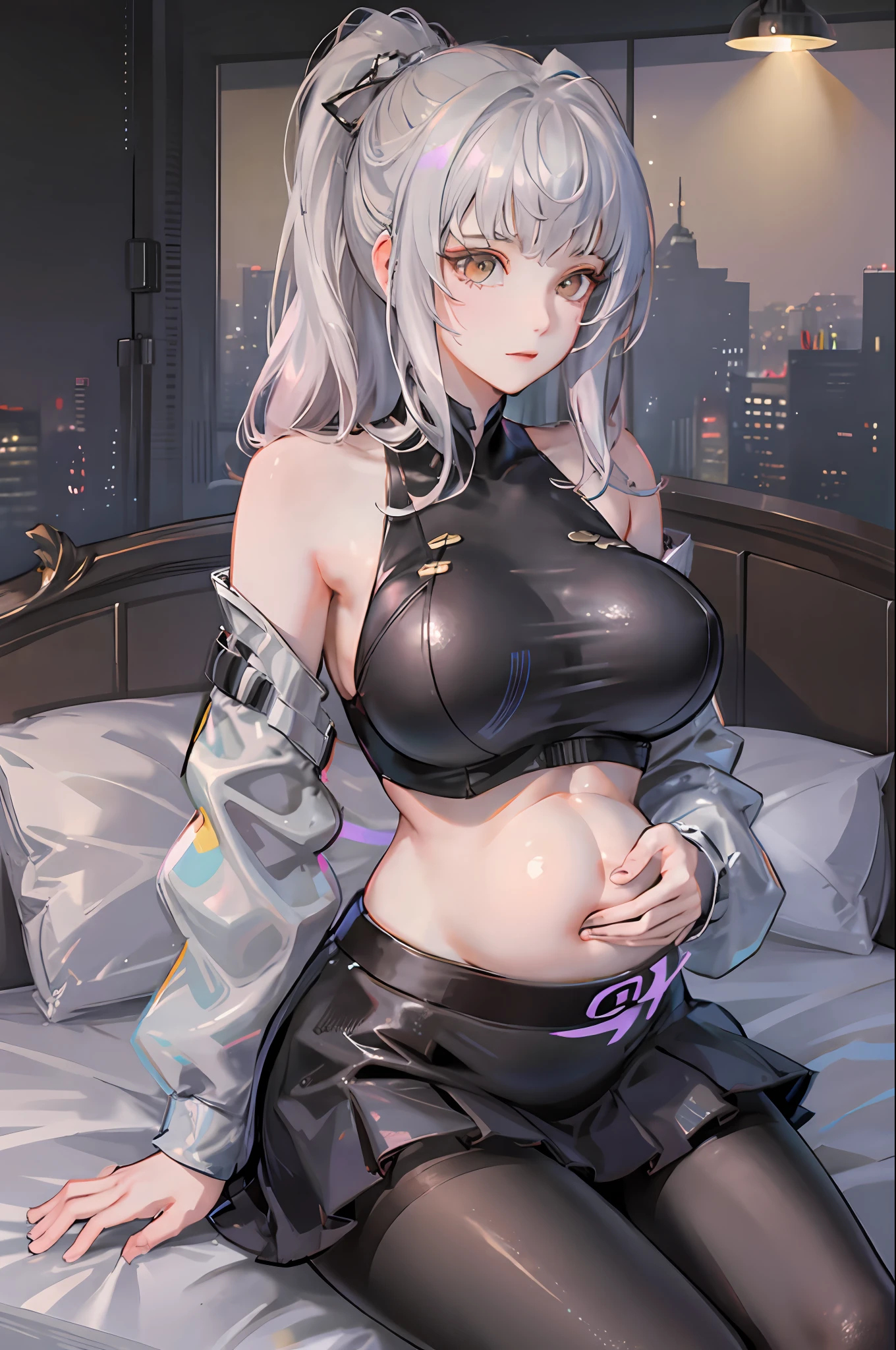 (((1个Giant Breast Girl)),Ray traching,(dim murky lights),[detailedbackground(Bedrooms)),((Silvery hair)),((A pink-haired)),(((((Fluffy silver hair,plump and slender girl))Wears a high ponytail)))Avoid golden eyes in the ominous bedroom((((Girl wears white shirt,Black wrinkled skirt,Wear yours with black sheer pantyhose),It shows a delicate and slender figure and beautiful curves,Correct limbs,sit on a bed,Pregnant belly,Pregnant belly,Pregnant women with