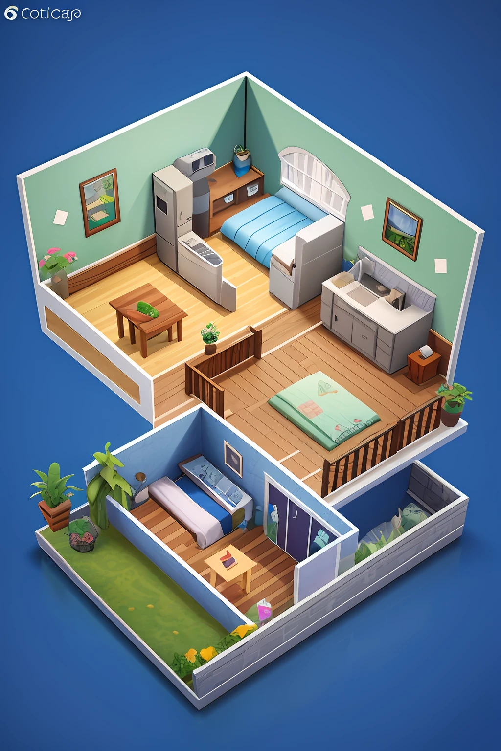 Isometric view of a photo studio like the sims, simlish, 3d model, cottagecore, sim, cozy, blueprint, game concept