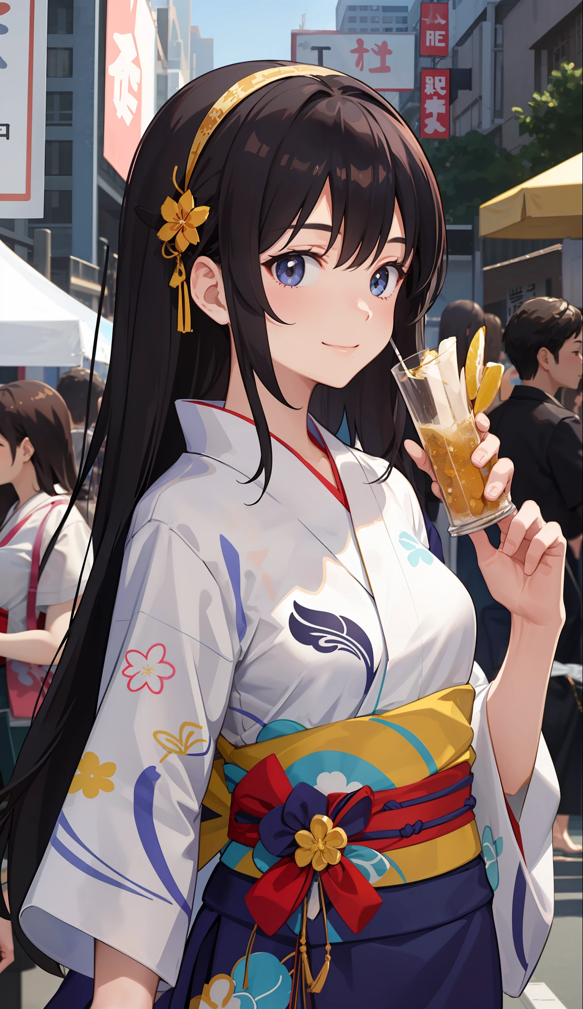 1girl in、A smile、Summer festival、skyrocket、Wearing a yukata、(Upper body portrait)、