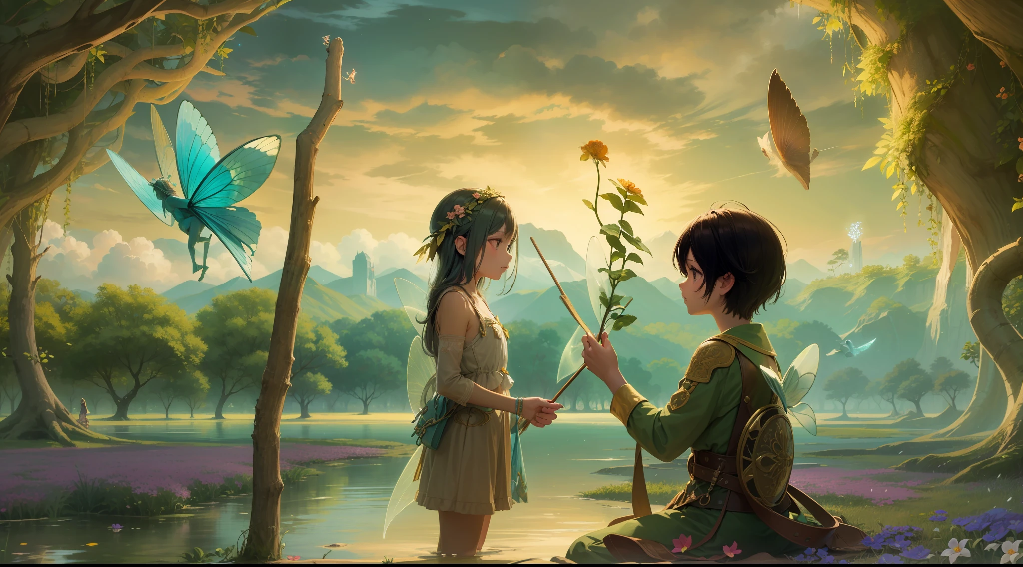 Image of a meeting between a child and a fairy, extremely detail, very detailed delicate skin, maximum resolution, greatest masterpiece, extremely beautiful illustration. symphonic metal style, river and flower fields among mangroves in spring background, eternal fantasy atmosphere and fairy core, fantasy aesthetics, sky in holography style with outer glow, holding wooden stick 3 children is 12 years old,
