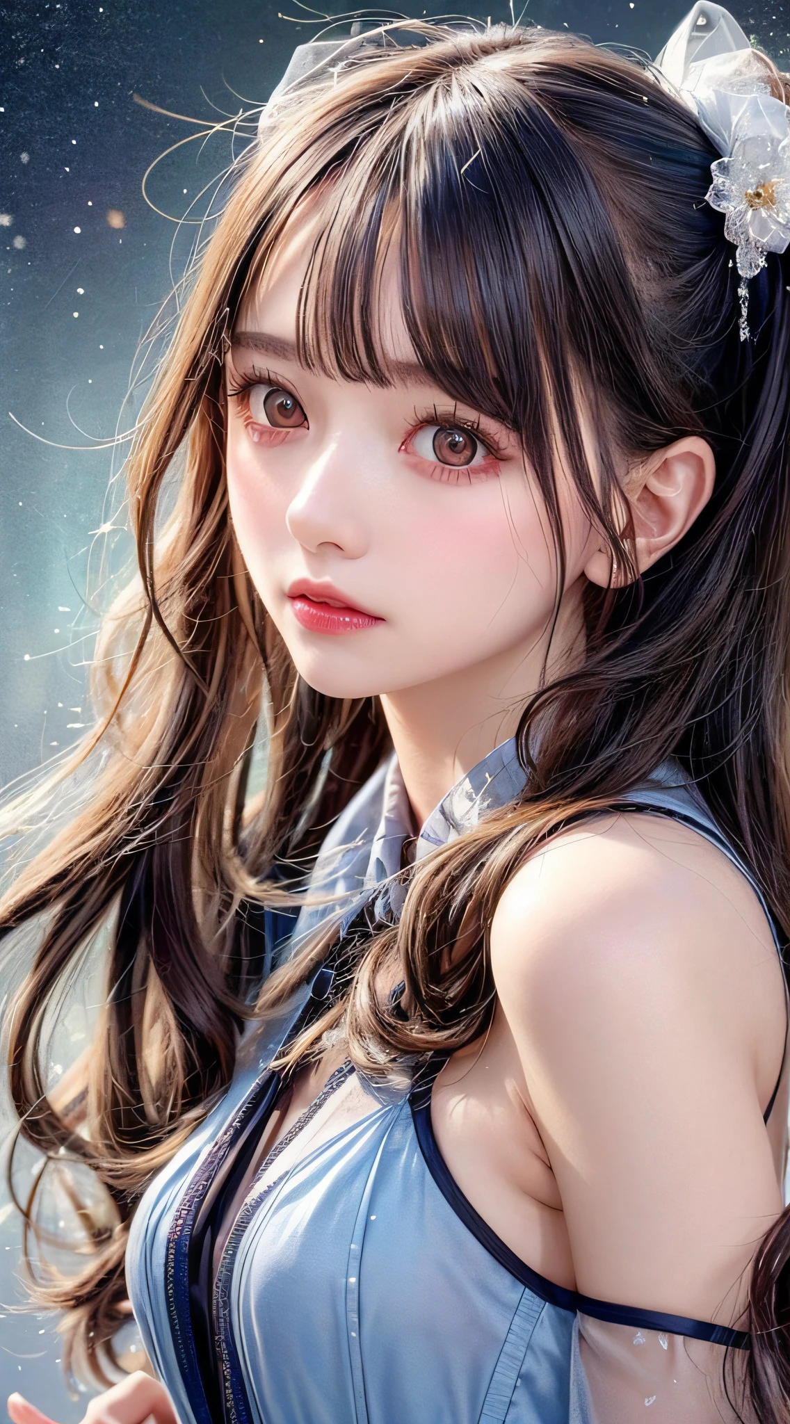 Beautiful girl story wrapped in love, Beautiful eye details, A captivating anime girl gracefully emerges from the pages of a watercolor painting, Her vivid and complex colors are, Bring your artwork to life, (see-through transparent clothes, transparent costume:1.5), She dons an extraordinary fantasy costume adorned with delicate details, reflecting the enchanting world she inhabits, Luminescent elements, like glowing crystals and ethereal wisps, surround her, casting a soft, otherworldly glow, The style of watercolor painting is、Imbues the image with a sense of fluidity and delicacy, as if the colors are effortlessly blending and bleeding into one another, Camera shot: medium shot, Soft Focus, luminescent glow Lighting, watercolor brushstrokes, Sophisticated and very delicate anime illustration, unique colors, Portrait of an anime girl, infinite love, rainbow-colored, beautiful girl illuminated by seven colors of light,