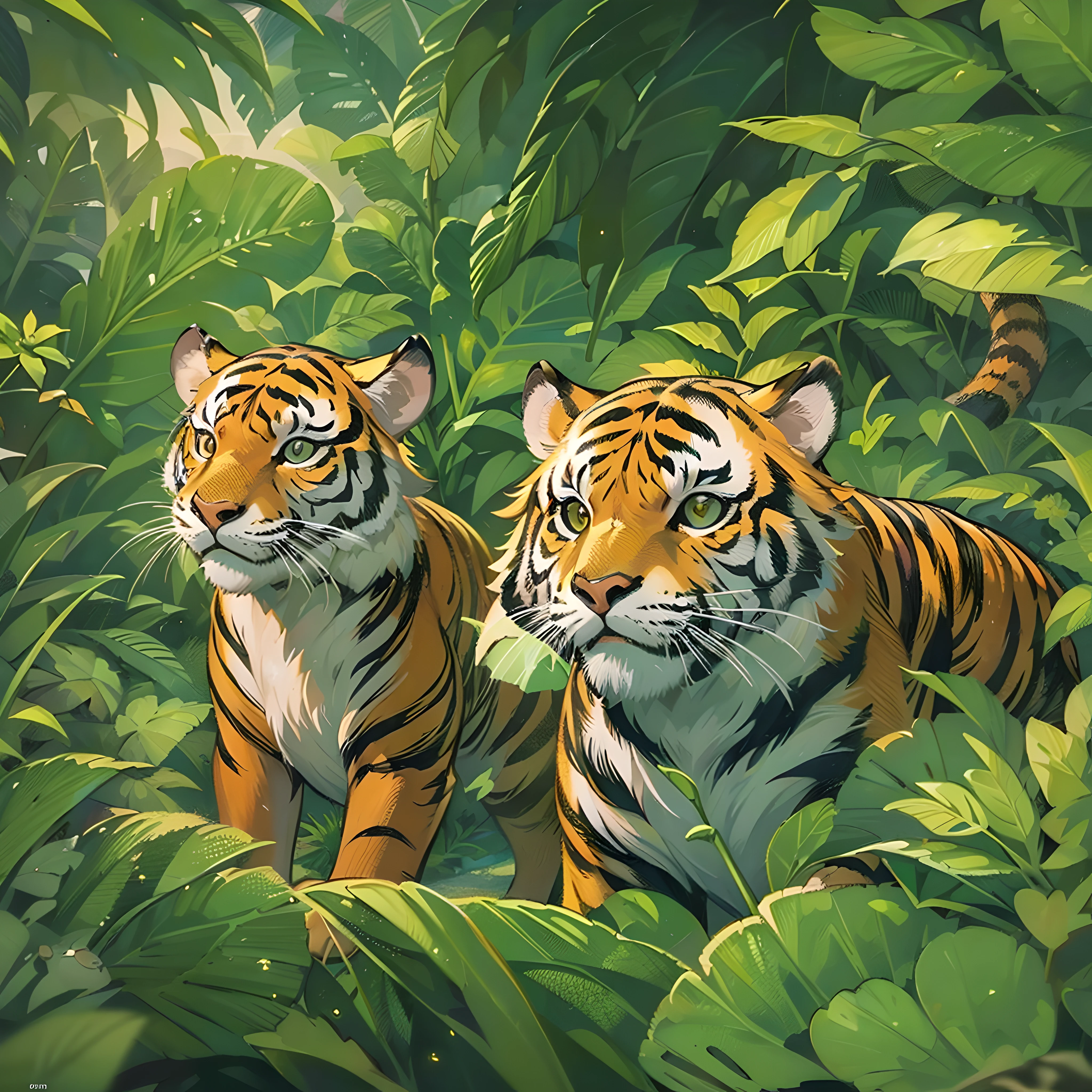 A cute and adventurous comic-style masterpiece showcasing two tigers exploring together in the lush jungle, featuring beautiful illustrations, official art, rendered in stunning 8k resolution with soft bloom and ray tracing effects