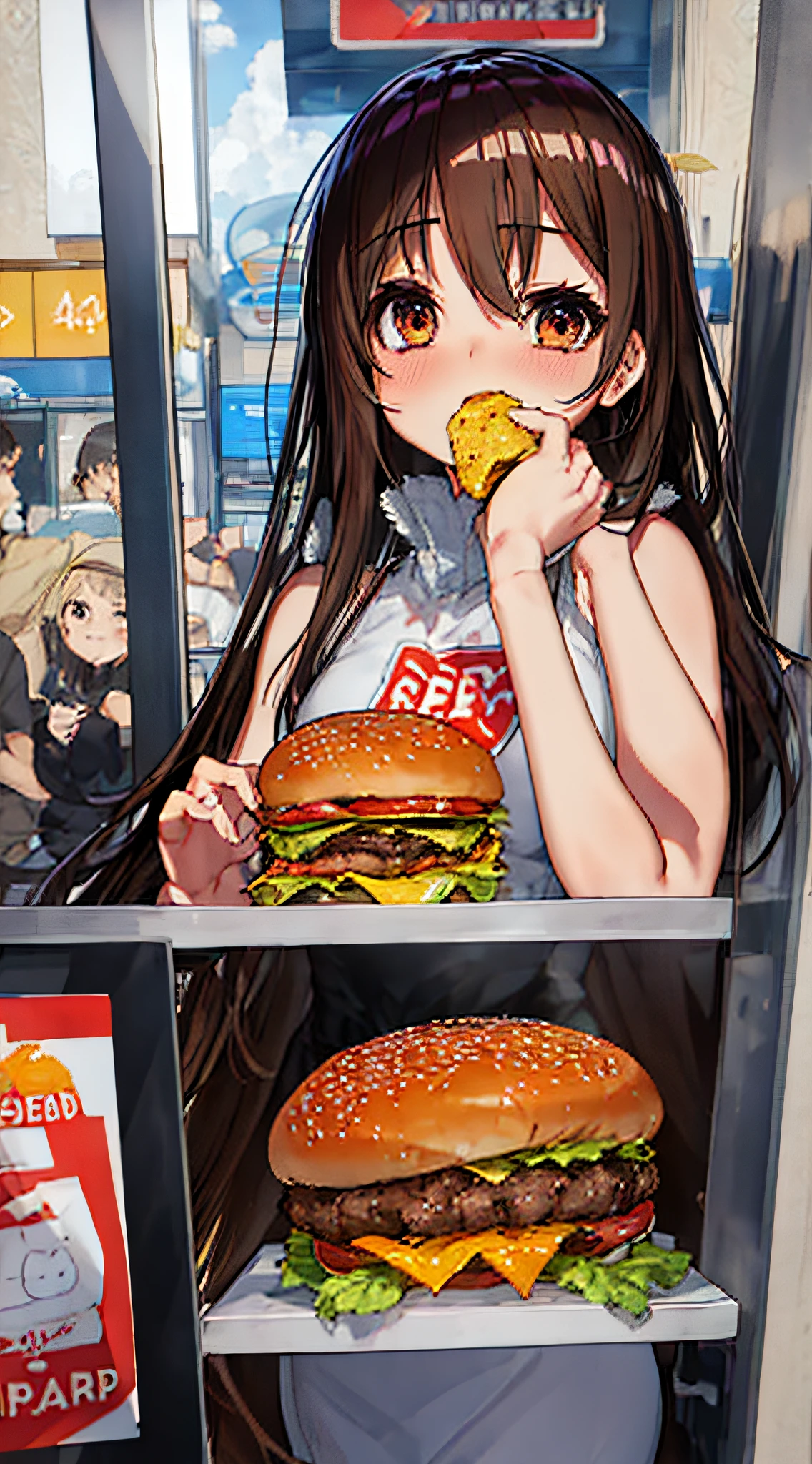 eating burger at fast food shop, from below, masterpiece, ccurate, super detail, UHD, high details, high quality, award winning, highres, best quality, 8k