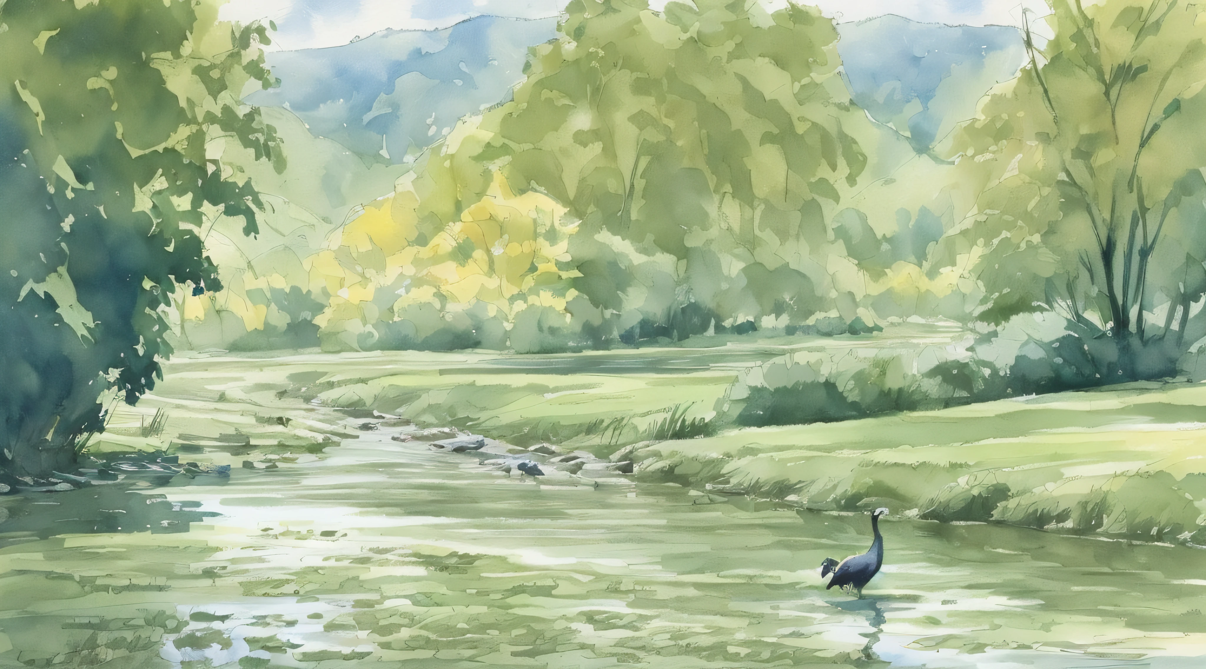 ink and watercolor painting,Faraway view,River,solitary boat,mont,Flying cranes --auto