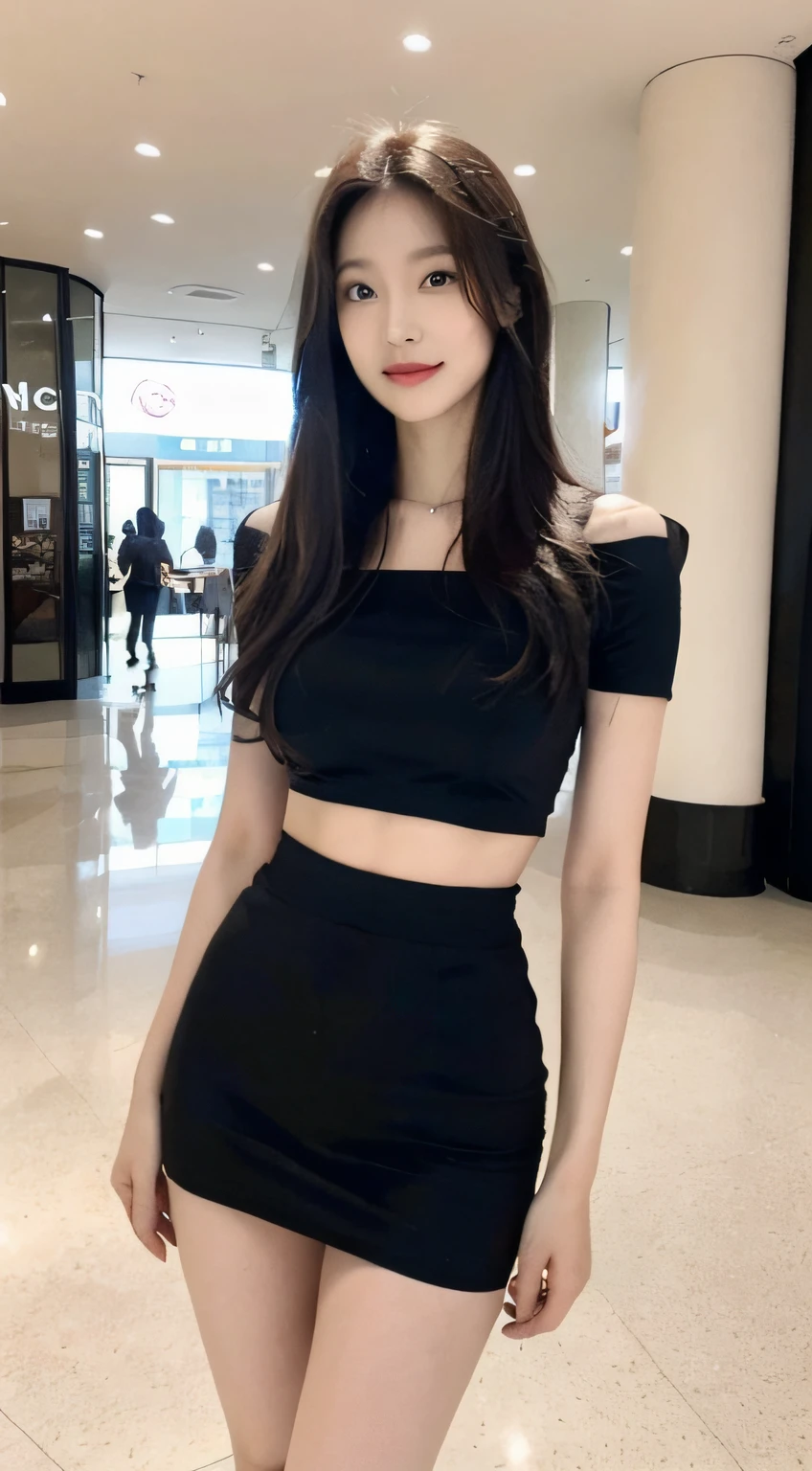 A girl around 39 years old,simplicity,Extremely beautiful and delicate,(light make-up),black color hair,A sweet smile,Delicate and beautiful fair skin,Realistic and realistic,exquisite and complete facial features,Detailed depiction of the face,tall nose bridge,Red lips,Beautiful, gentle and beautiful girl,Smooth hair,Extremely delicate hair,Feminine temperament,Fill your face light,hyper realisitc,photorealestic,8K quality,extremy detailed,Realistic details,Works of masters,Realistic to the extreme,big breasts body,Beautiful,Pure desire,Stunning beauty,Peerless beauty,Highest image quality,8K分辨率,goddes,ssmile,Fine facial features,Hair over the shoulder,A brown-haired,Large long thick legs,(((High-waisted French top))),(((short skirt))),rays of sunshine,facing at camera,The body is well-proportioned and firm,Gentle eyes,exposing thighs,stand posture,Stand inside the mall,Full body photo