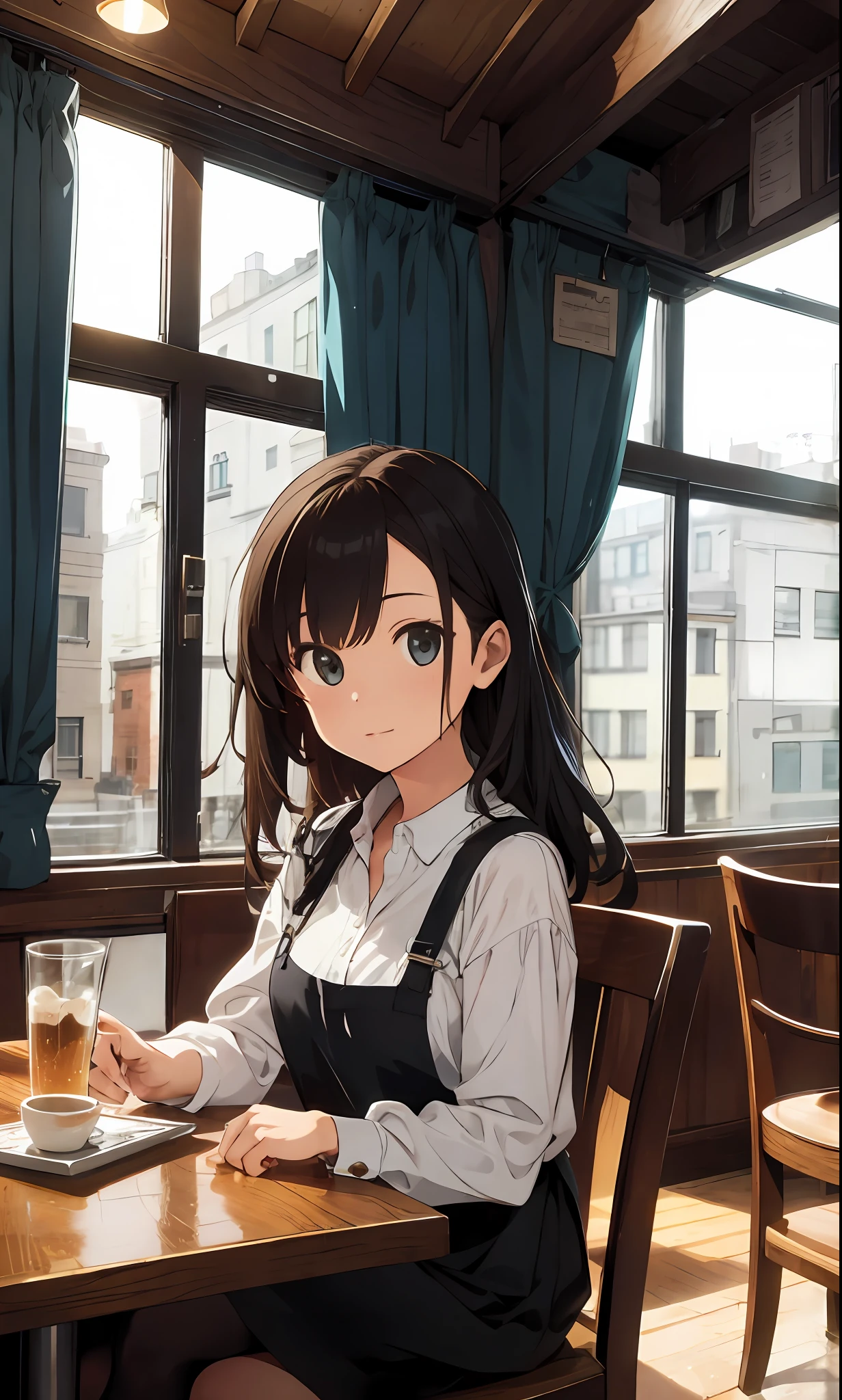 one girls, Looking out the window at a fashionable café