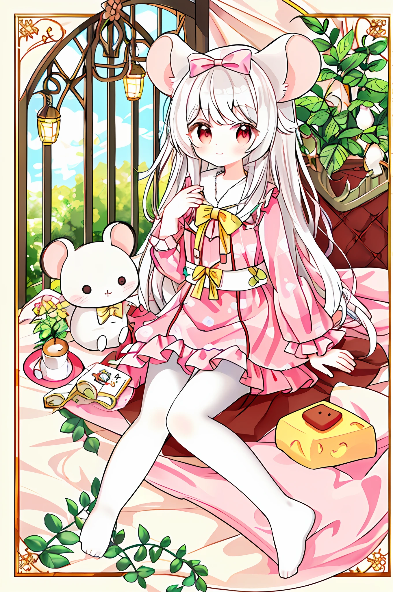 official art, masterpiece, sharp focus, Delicate and beautiful hair and eyes and face, ultra detailed, beautiful girl, mouse girl, with big round animal ears, mice, (the color palette uses mainly dark blues, with a hint of yellow and brown for details), gingham, white hair, pink-red eyes, white eyelashes, albino rat, cute pink tail with a bow, wearing a comfy pajamas with cute cheese pattern, about to go sleep, bedroom, cute,sfw, epic scenery, indoors background, cute, kawaii, plants