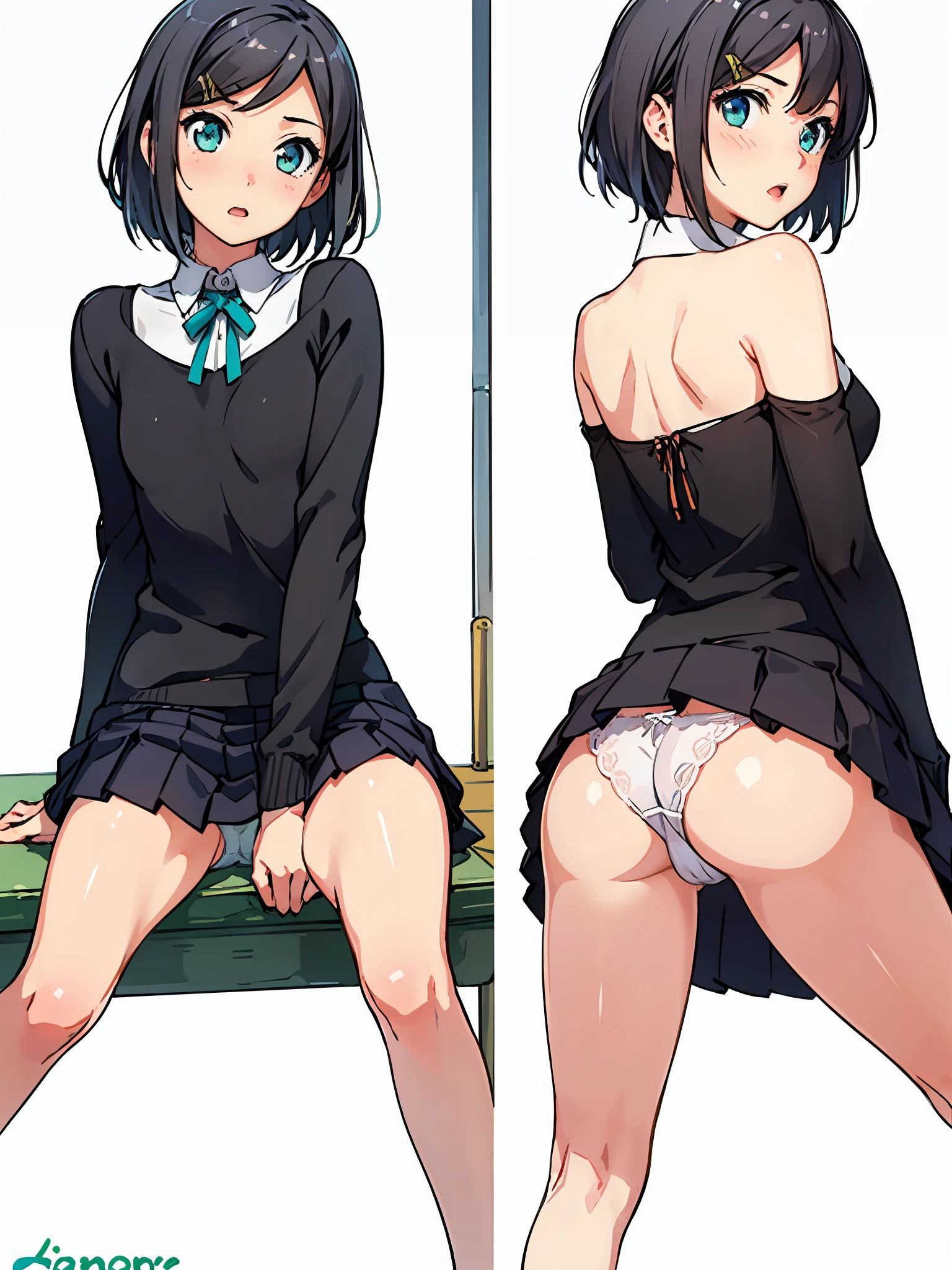 best quality ,masterpiece, solo, 1girl,tsutsukakushi tsukiko,grey hair,short hair,aqua eyes,side ponytail, no skirt, fine detailed shiny eyes, flat chest, highres, wallpaper, 8k, best lighting, extremely detailed illustrations 
 blush, embarrassed, open mouth, confused
((realistic panties)), crotch seam, pantyshot, upper body, cameltoe, 
((white background)), soft nsfw, ,
panty only, sitting, ass focus, spread legs, present panties, present ass, from back, from behind, looking back