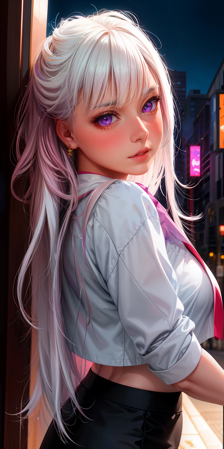 realistic, 1girl, white hair, purple eyes, glowing eyes, crop top, skirt, parted lips, blush, night, flowers, sun, sunlight,