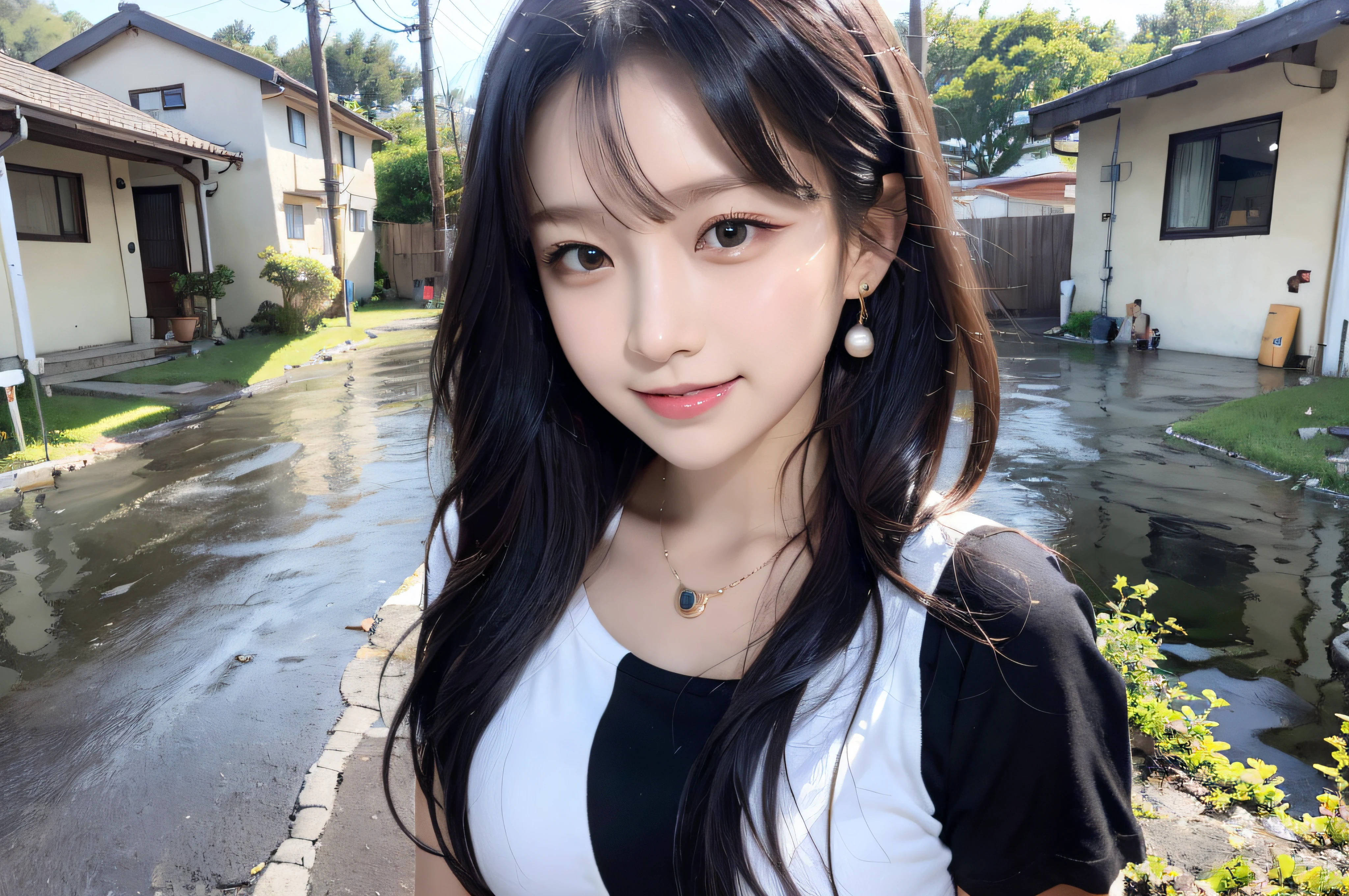 8K，tmasterpiece，10-year-old girls，country road，Green mountains，tile-roofed house，Wear short sleeves， Black color hair，Big wavy long hair， Very detailed face and skin texture， A detailed eye， 二重まぶた， Pale cheeks， Glossy glossy skin， Shiny earrings and necklace， Glossy lips，Sweet smiling， looking at viewert，fully body photo，Ultimate detail