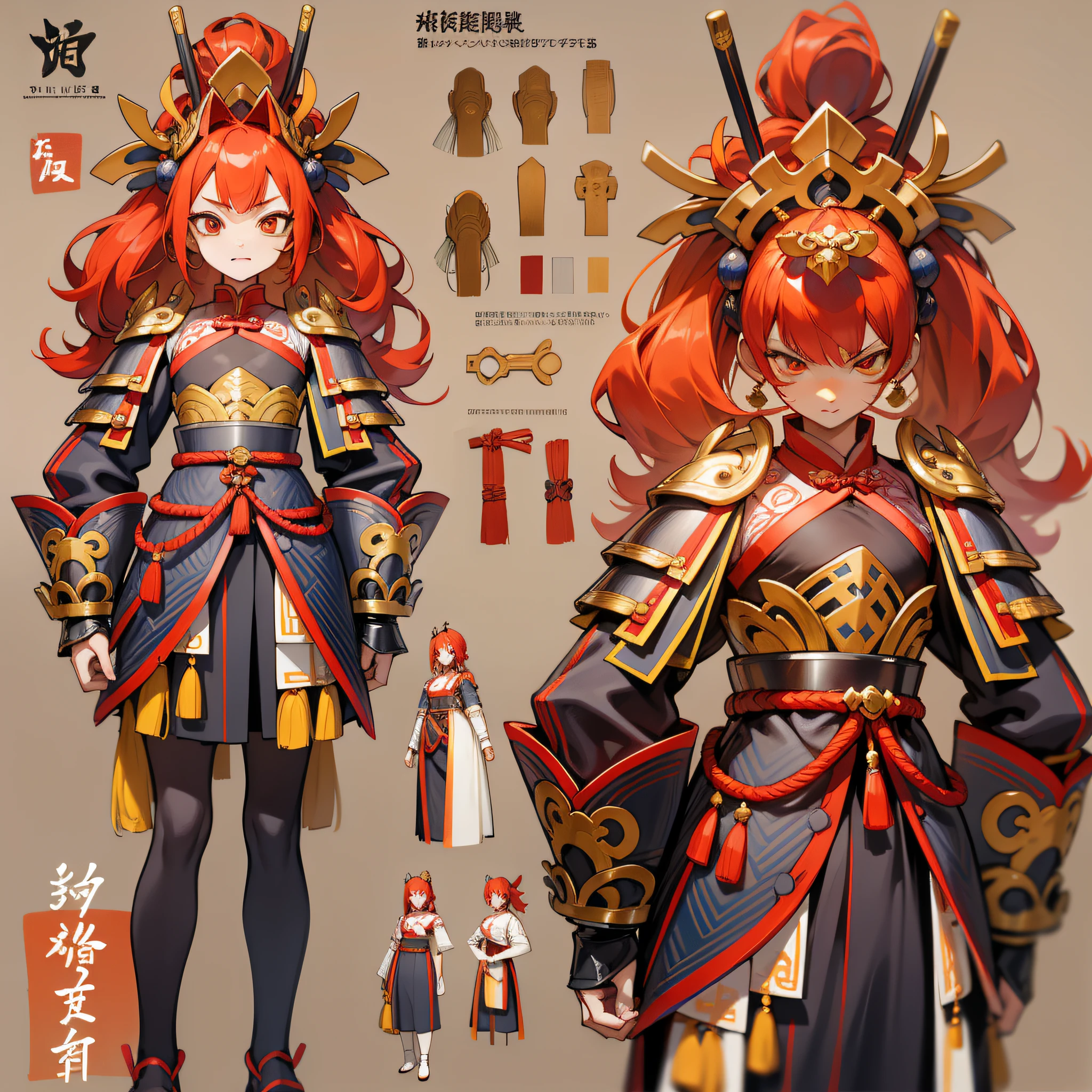 Tang Dynasty armor, Red hair, Striped hair, kanzashi, Mad eyes, crazy, Anime, character sheets, hyper HD, Textured skin, Super detail