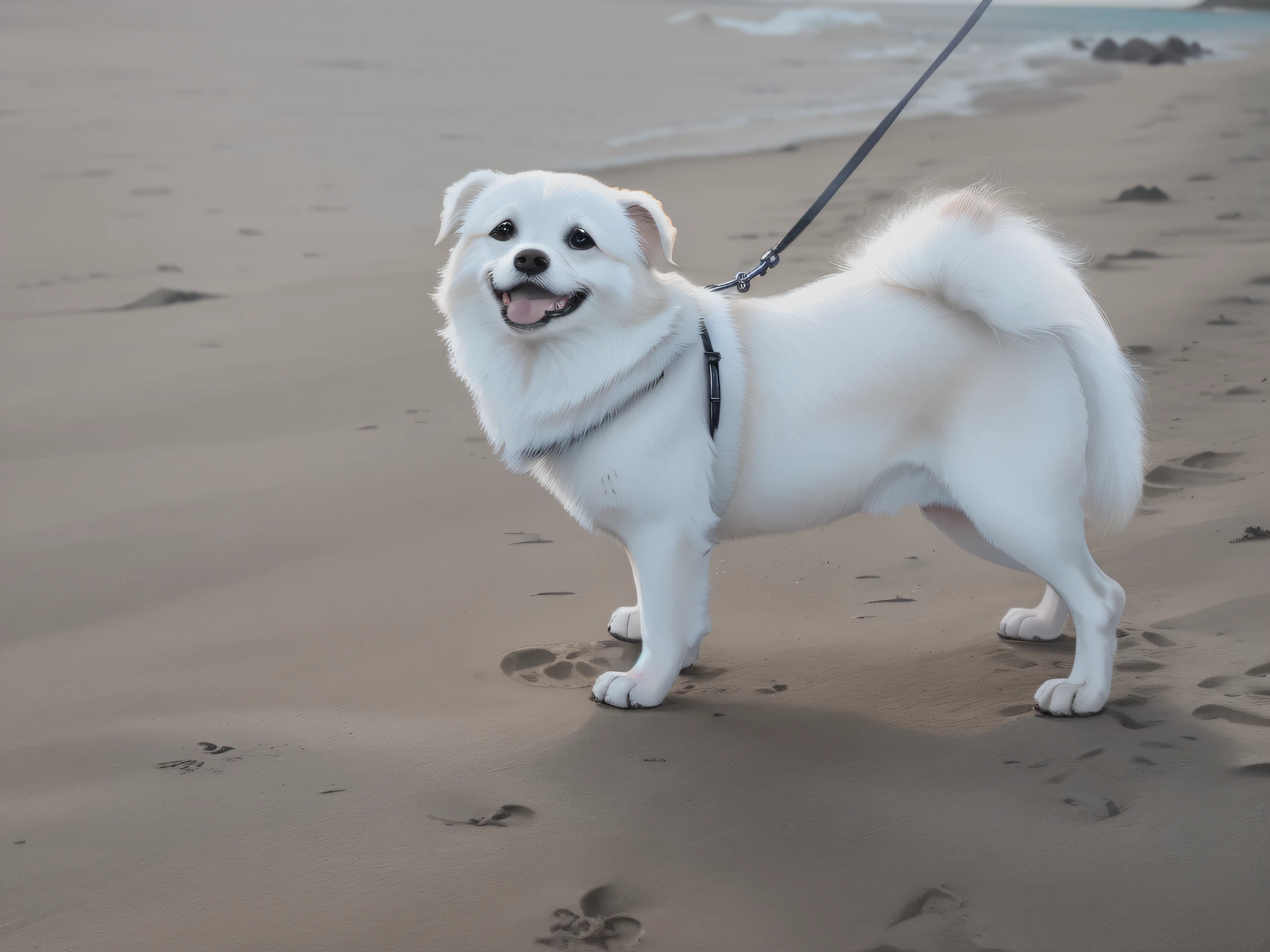 Aalfis on a leash on the beach,There are footprints on the beach, small white dog at her side, standing at the beach, small dog, pomeranian mix, The dog's tail is cocked upwards,in the beach, On the sand, Walking on the beach, Walk on the beach, On a beach, posing on the beach, On the beach