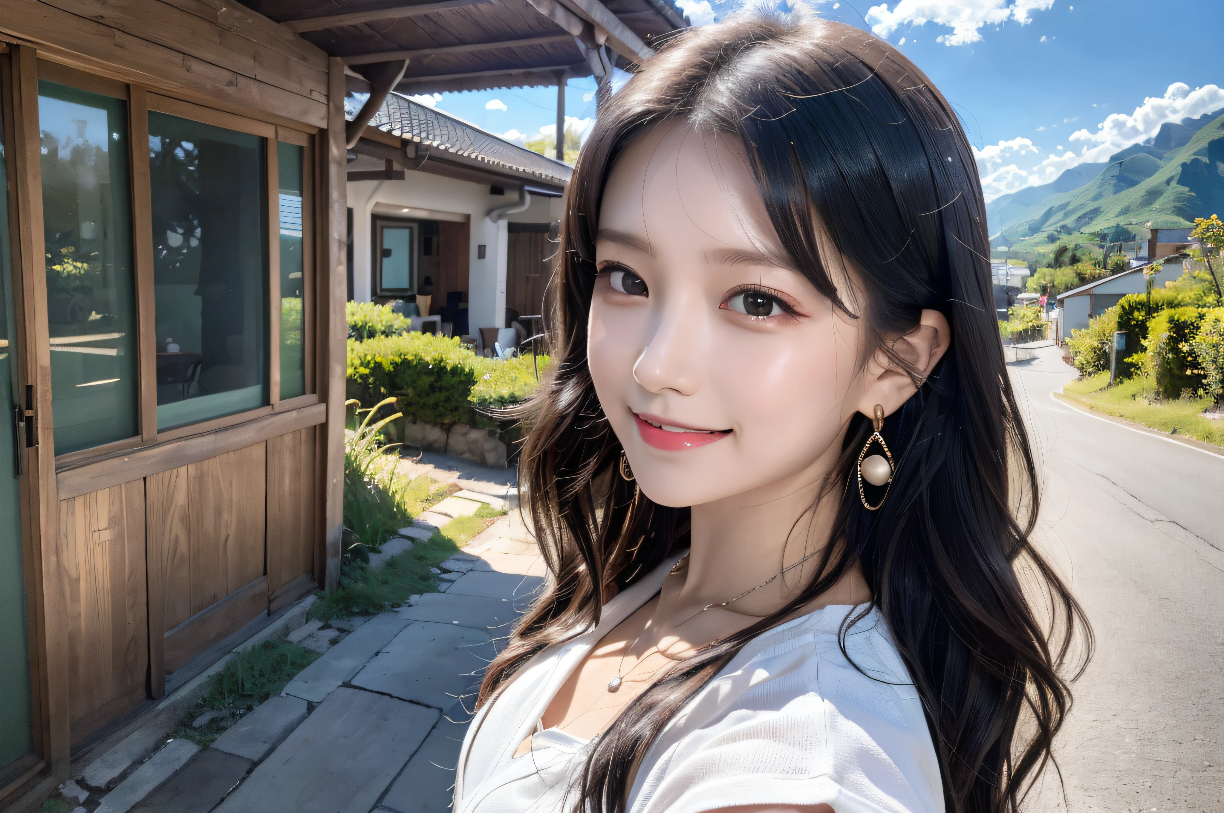8K,tmasterpiece,10-year-old girls,country road,Green mountains,tile-roofed house,Wear short sleeves, Black color hair,Big wavy long hair, Very detailed face and skin texture, A detailed eye, 二重まぶた, Pale cheeks, Glossy glossy skin, Shiny earrings and necklace, Glossy lips,Sweet smiling, looking at viewert,fully body photo,Ultimate detail