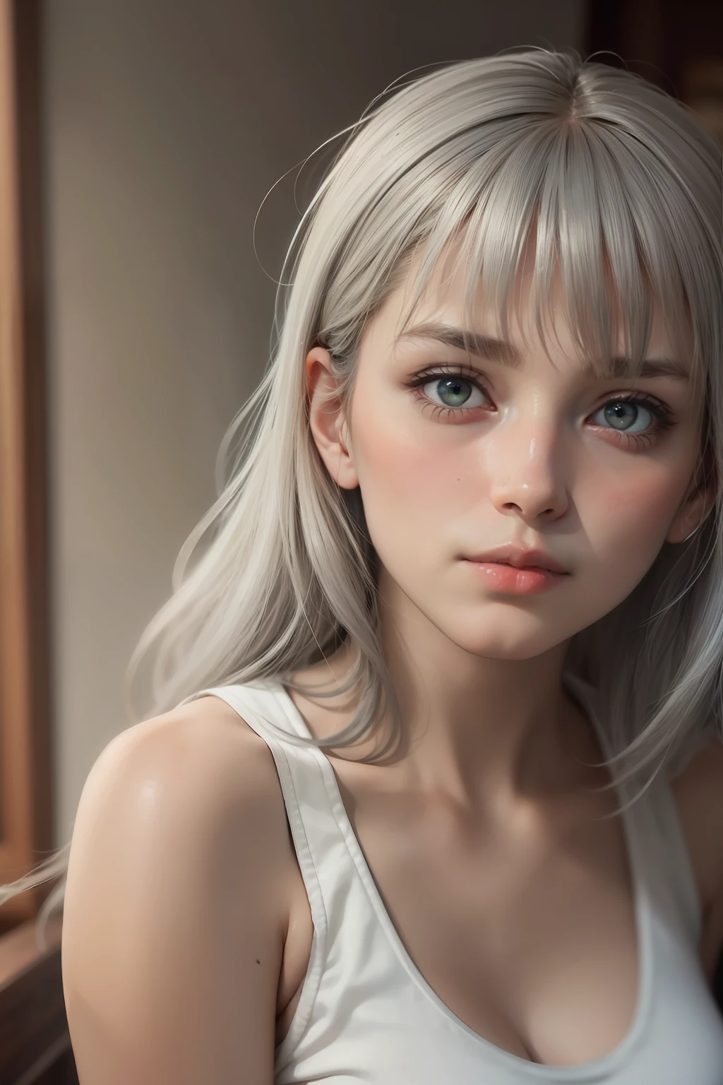 Girl taking off only the upper body of her jumpsuit、Tank Tops、 Grey Hair, Asymmetrical hair, Glowing eyes, nose blush, Carl Larsson, by Alfons Mucha, Chiaroscuro, Film grain, reflective light, Cowboy Shot, tmasterpiece, retinas, high details