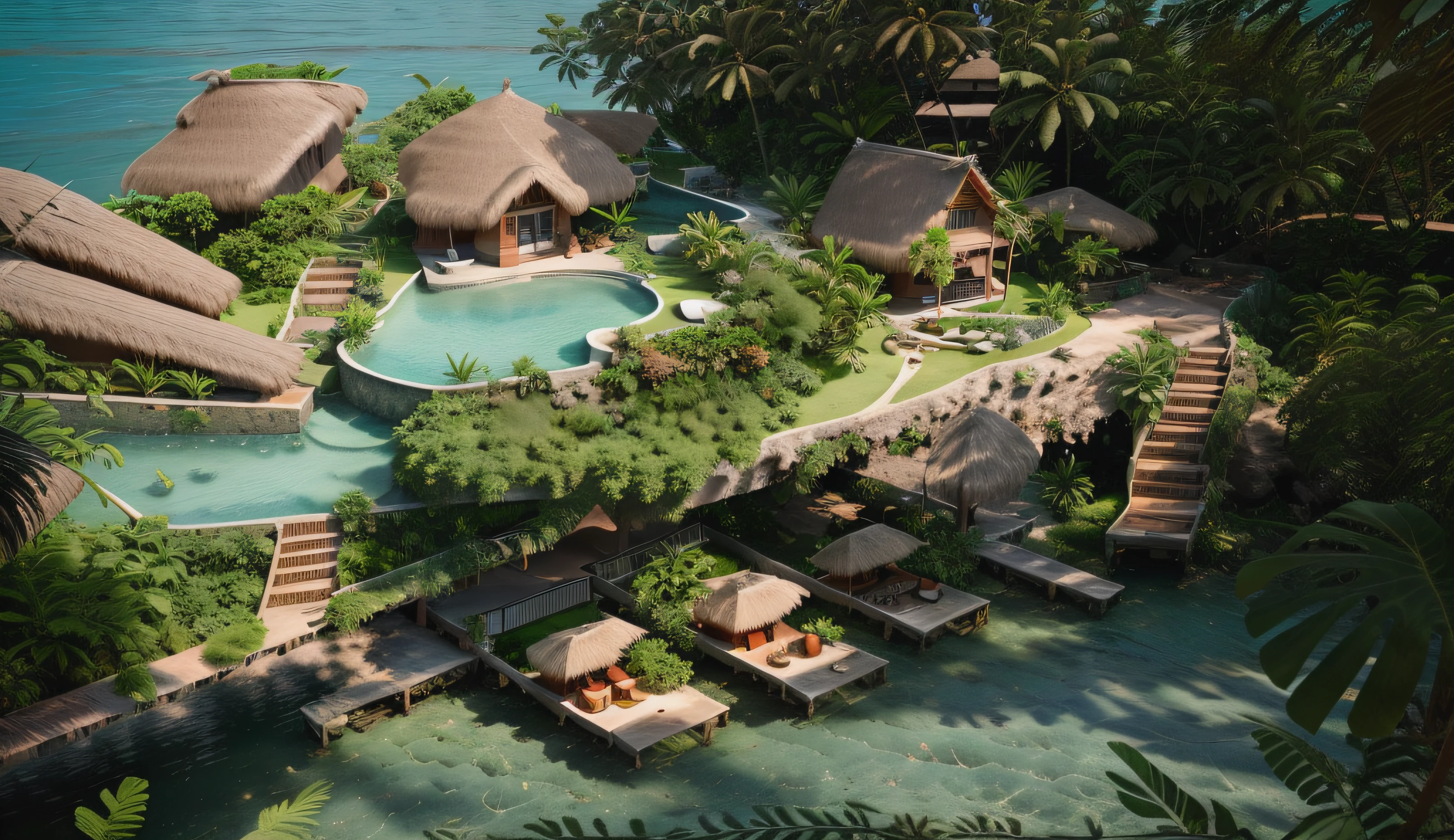bungalow located on the natural blue sea, a few small houses on the mountain, dense forests,earth wall, coconut leaf roof, thatched roof, brick path, jetty, coconut trees around, lots of trees, road, surreal, 32k, HD, very realistic render, highly detailed render, render corona,high resolution, no noise, peaceful, nature