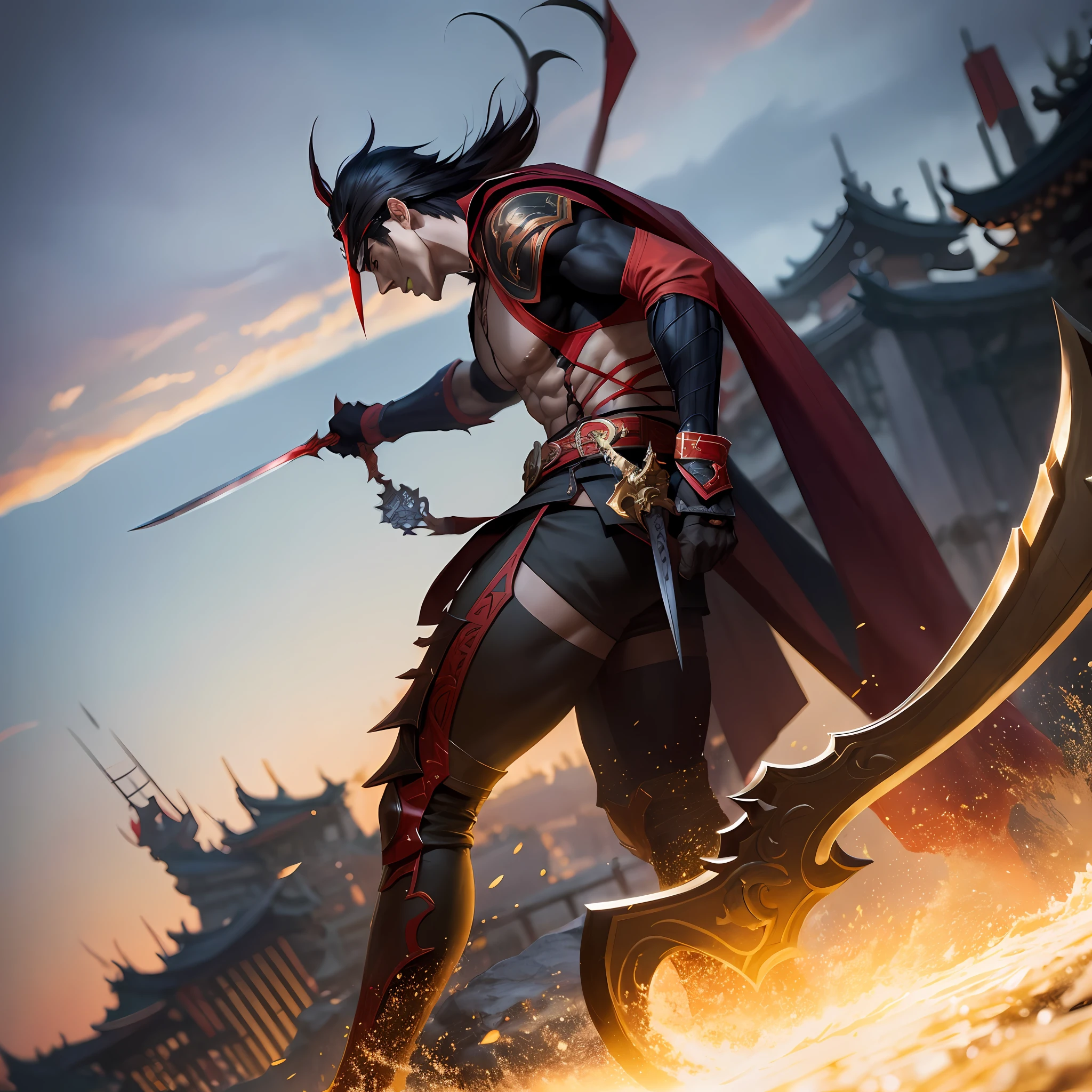 Anime - Stylistic image of a male warrior holding a sword and a red cape, by Yang J, zhongli from genshin impact, Keqing from Genshin Impact, chengwei pan on artstation, Ruan Jia and Artgerm, author:Liang Kai, Artgerm and Ruan Jia, Ross Tran 8 K, author:Shen Zhou