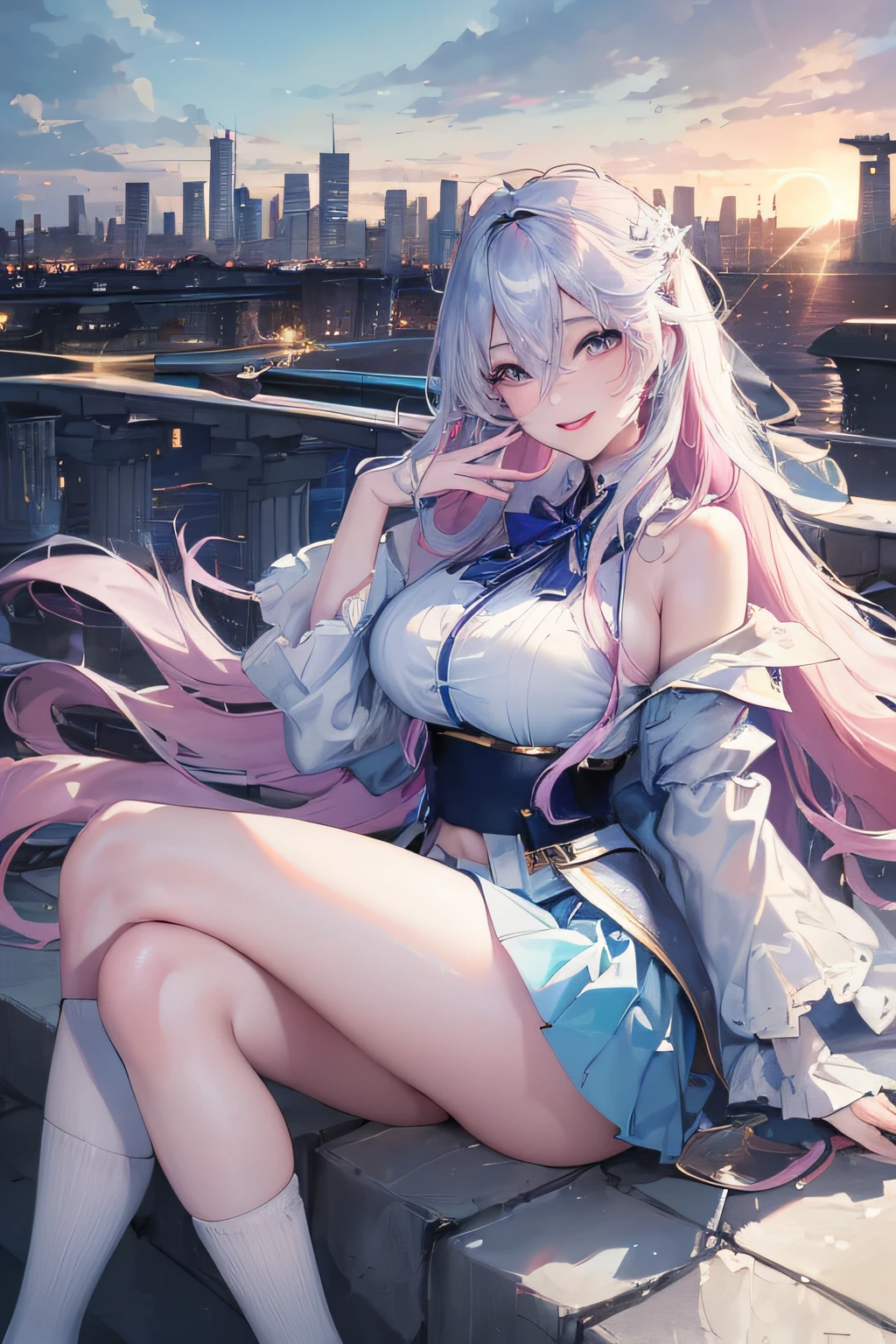 official art, masterpiece, sharp focus, (beautiful gorgeous cute Korean woman:1.3), (beautiful cute korean:1.3), korean beauty, Delicate and beautiful hair and eyes and face, realistic, ultra detailed, beautiful girl, blue sky, glow white particle, (sidelighting:1.2), sun light, white cloud, detailed clouds, slender, Lovely very  and very large , smile with teeth, ((smile with eyes, open both eyes)), scenery, long straight hair,  facial expression, building, (cityscape:1.7), dynamic hair, long straight hair, detailed platinum pink hair, glow blue eyes, (blue pleated shirts + white skirt), white long socks, pale skin, hair ornament, epic scenery,