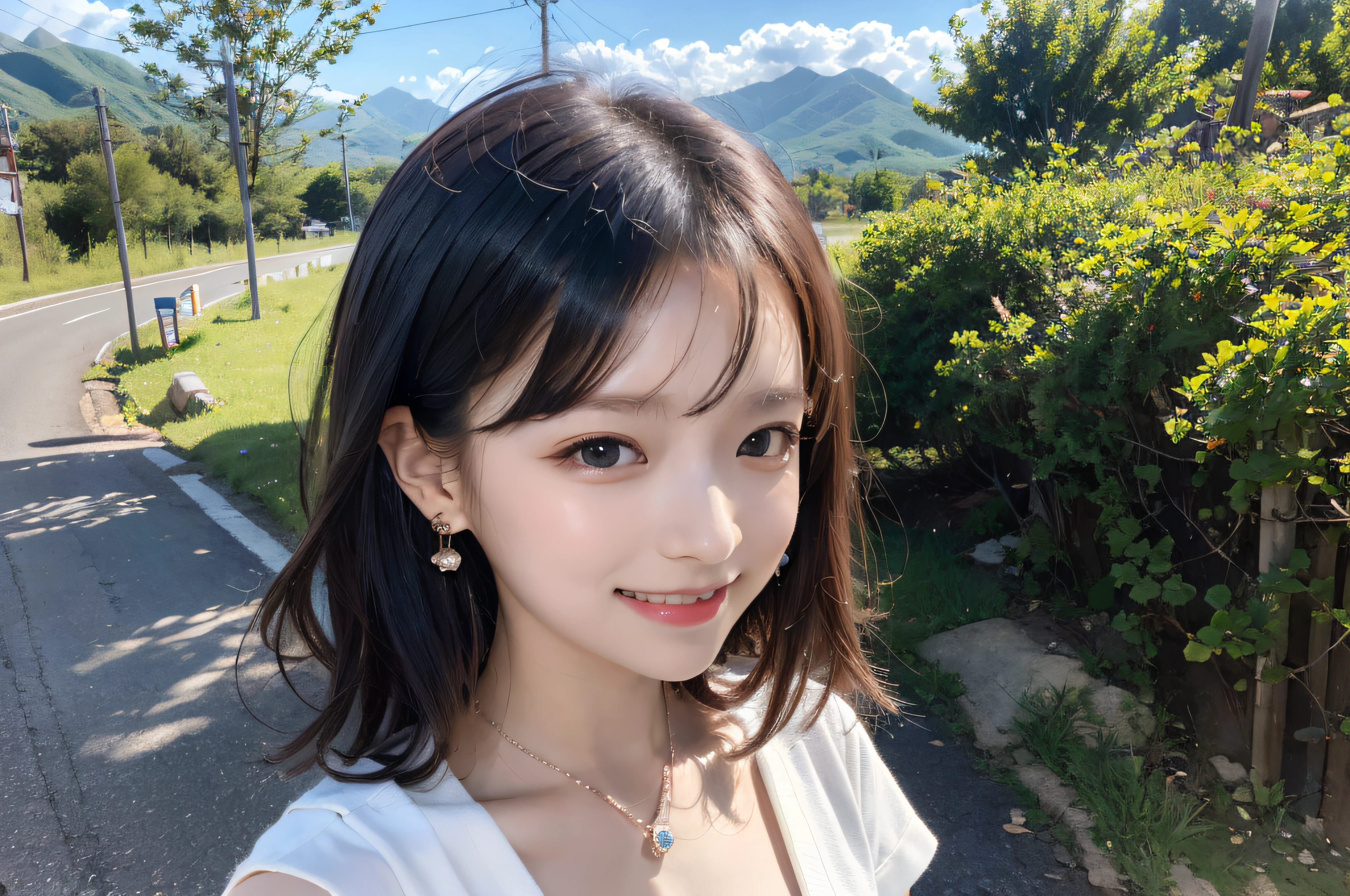 8K，tmasterpiece，10-year-old girls，country road，Green mountains，tile-roofed house，Wear short sleeves， Black color hair，Big wavy long hair， Very detailed face and skin texture， A detailed eye， 二重まぶた， Pale cheeks， Glossy glossy skin， Shiny earrings and necklace， Glossy lips，Sweet smiling， looking at viewert，fully body photo，Ultimate detail