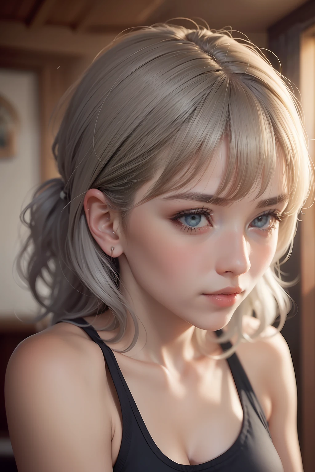 Girl taking off only the upper body of her jumpsuit、Tank Tops、 Grey Hair, hair two side up, Glowing eyes, nose blush, Carl Larsson, by Alfons Mucha, Chiaroscuro, Film grain, reflective light, Cowboy Shot, tmasterpiece, retinas, high details