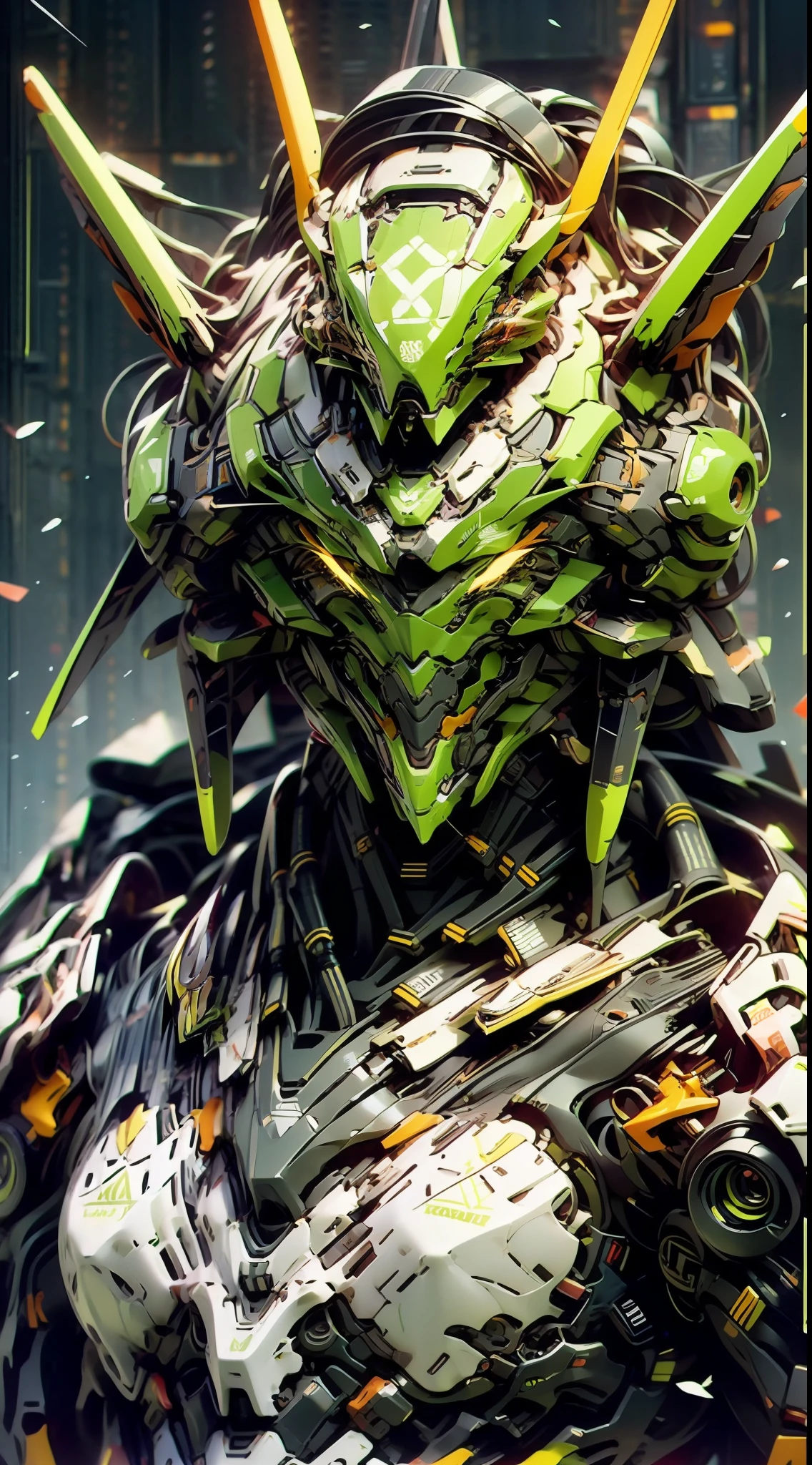 [[CLOSE UP, SHOULDER, SPECIAL EFFECTS:1.5, CHARACTER CONCEPT ART, GREEN THEME]], A CLOSE UP OF DRAGONPUNK MECHA, Matt materialistic look, Illustration,3d Anime, trending on Artstation, Symmetry, Special effects, Abstract, Clean linework, Highly detailed, HDR, UHD, cinematic, 8K, Surreal, Unreal Engine, art by samdoesart, trending in Artstation, in style of Wlop, Sharp focus