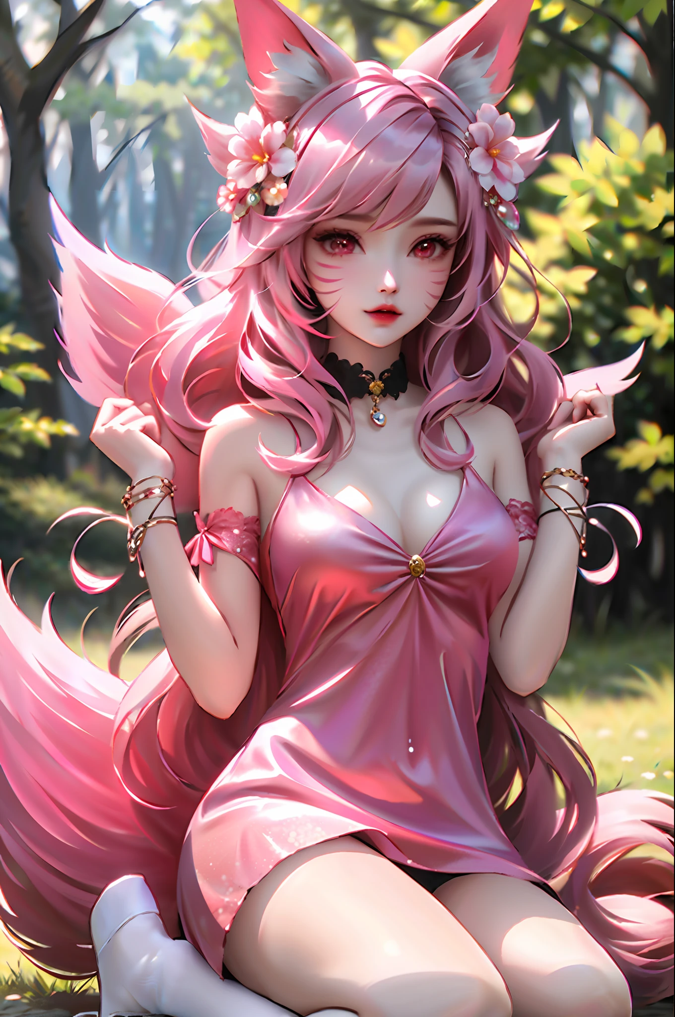 (tmasterpiece: 2.0,Best picture quality),(Ultra-fine eyes: 2.0),ph_REM,Remoud(1girll),A pink-haired,独奏,Four-leaf eye,x Headgear,Lace leg ornament,Bow knot,Long socks,lacepantyhose,Liquid socks,Mesh A-line skirt,Floral dress,ta shoes,full bodyesbian,Two hands,Two legs,Photo art,offcial art,faeries,Skysky,rays of sunshine,Peach Blossom Forest,peach blossom,SakuraNS。