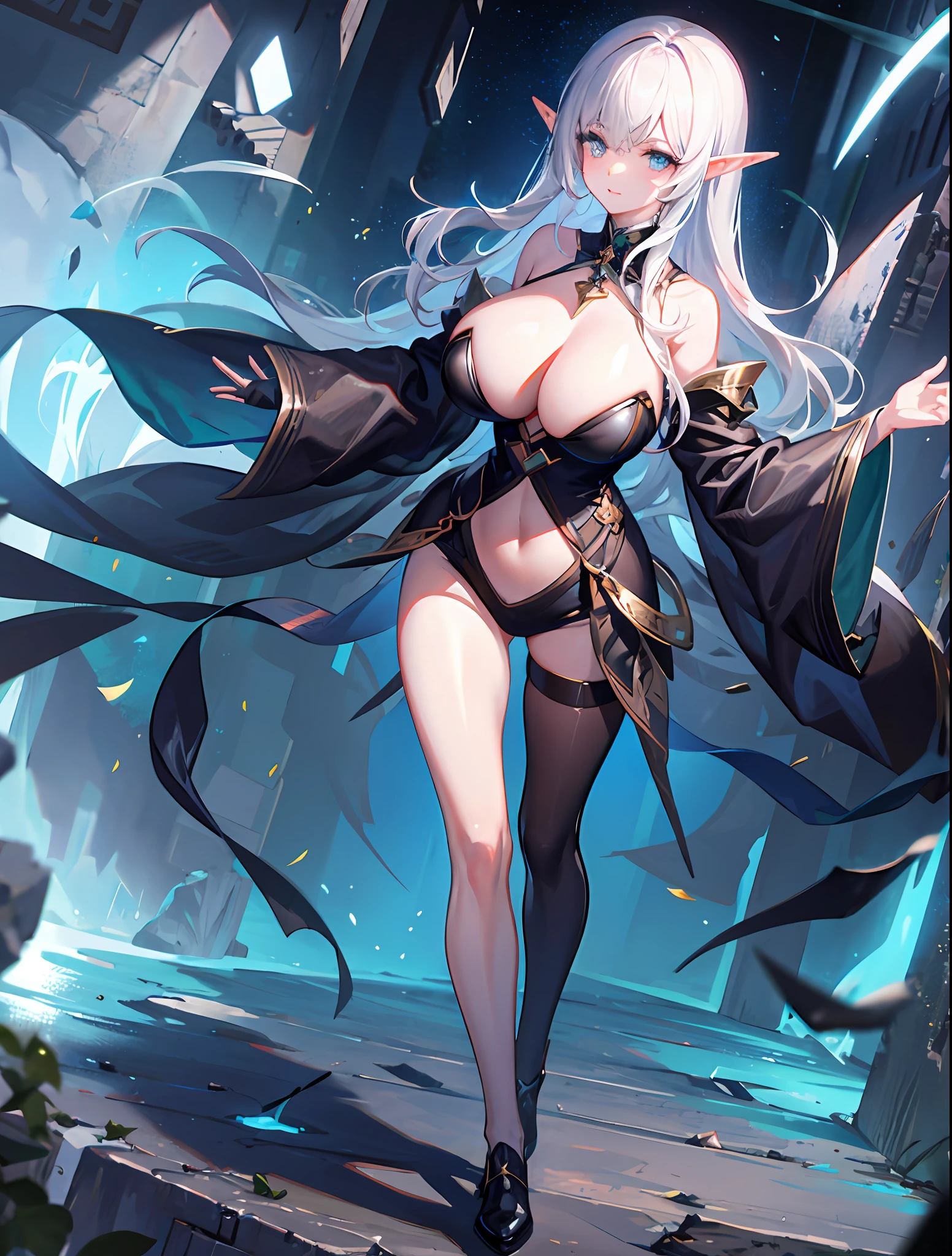 long leges,Full body like,Long azure hair,Dark blue eyes,nakeness,huge tit,,Beth,unlimited,Deep blue sky,The abyss of knowledge,knowledge,((tmasterpiece)),(((Need))),((美丽细致的眼睛)),(eyeslashes),(1female),Abyss Eye,Shiny skin,Rags,the elf,Ultra-fine CG unity 8k wallpaper,tmasterpiece,((ultra - detailed)),((illustration)),Dazzle,Wallpapers,energy,Unknown horror,Arcane,Magic perimeter,Magic surrounds,Magic wand,Pages