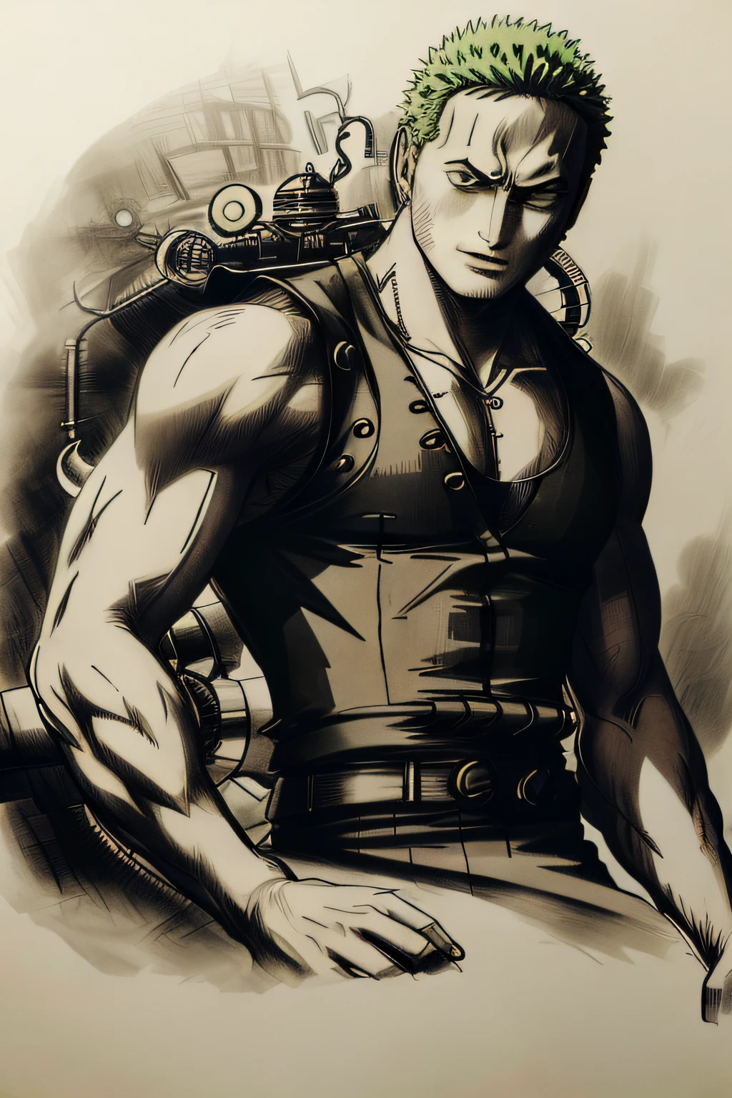 A captivating greyscale pencil drawing capturing the fearless Roronoa Zoro from the anime series One Piece, portrayed in a detailed portrait that extends till his torso. Zoro is depicted wearing a mesmerizing steampunk-inspired dress, adorned with intricate gears, chains, and ornate lace that accentuate his warrior spirit. The sketch showcases the meticulous details of his dress, the flowing folds, and the delicate shading that brings depth to his form. The drawing is rendered in 4K HDR, allowing for stunning visual clarity and contrast. Zoro's intense expression and determined demeanor are captured with meticulous linework, emphasizing his character's strength. The background is kept minimal, ensuring that the focus remains on Zoro and his captivating steampunk aesthetics. Style: Detailed pencil drawing with a focus on precise linework, shading, and texture, capturing the essence of Zoro's steampunk dress in a captivating greyscale palette. Execution: Created using high-quality pencils on fine-grained paper, employing various shading techniques to achieve a lifelike portrayal with rich details and textures, while maintaining the striking greyscale aesthetic. --ar 1:1