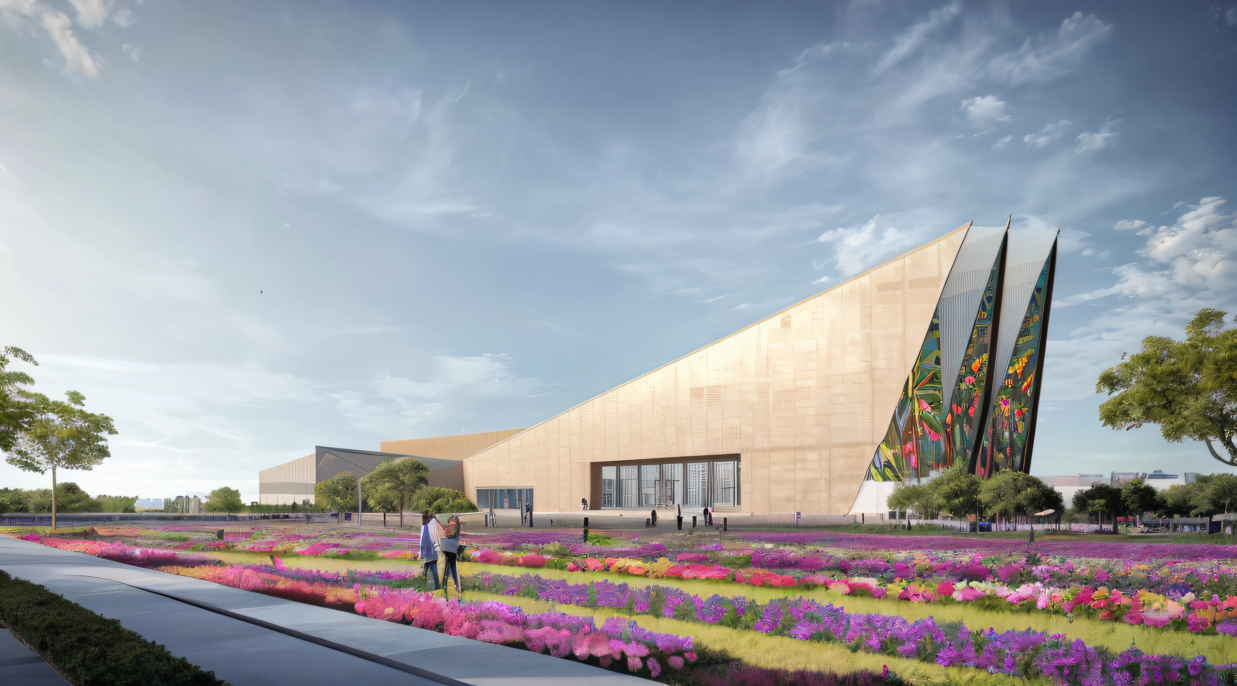Rendering of a large building,There is a big garden in front, author:Chass is silent, wide angle exterior 2022, in future airport rooftop, artistation render, building rendering, architectural render, a digital rendering, a digital rendering, conceptual rendering, highly photographic render, highly rendered!!, highly rendered, Detailed rendering, rendering, artist impression
