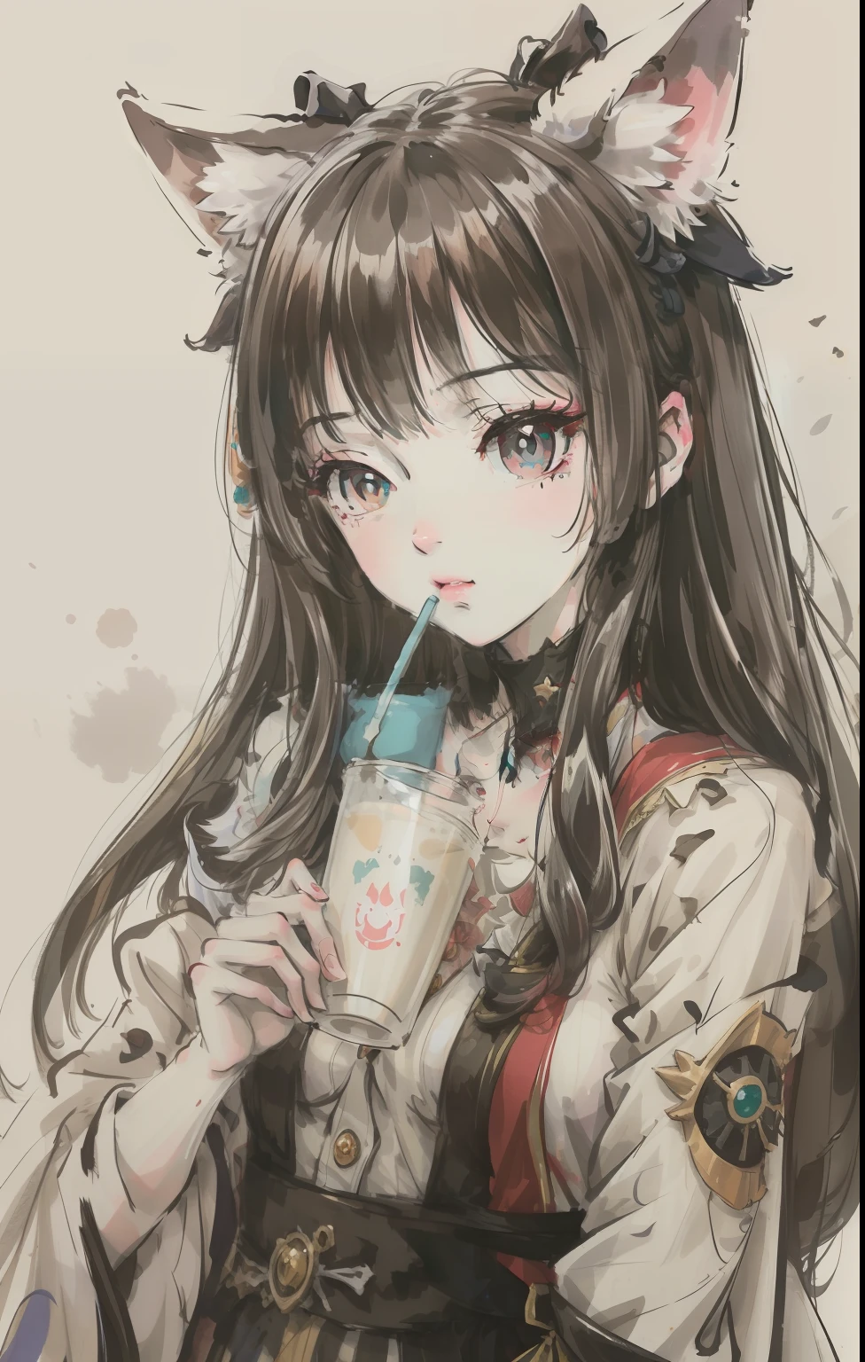 Drink soy milk, very long hair, wolf ears, mismatched pupils, anime, rotated, ccurate