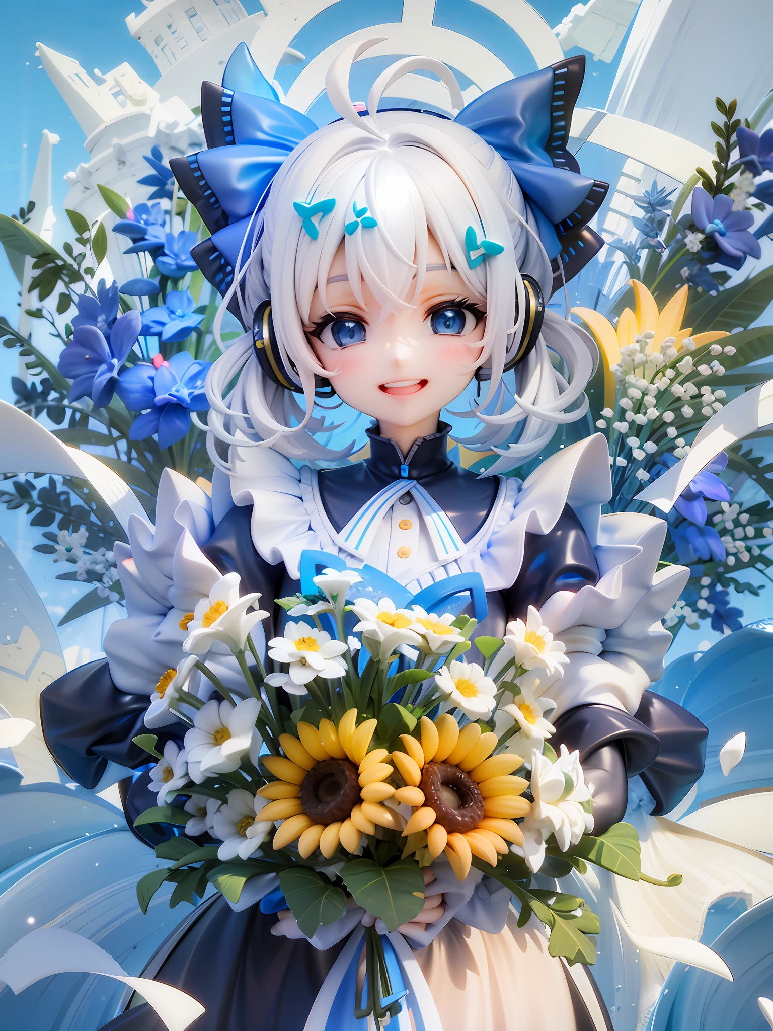 main character, 1girl,wavy short hair, White hair(Blue hair chips), Blue big hair ribbon, Ahoge, Happy face, Blue eyes, a smile, Black headphones, Blue Maid Outfit, happiness, Have a bouquet of blue and white flowers, bouquet, holding with both hands,