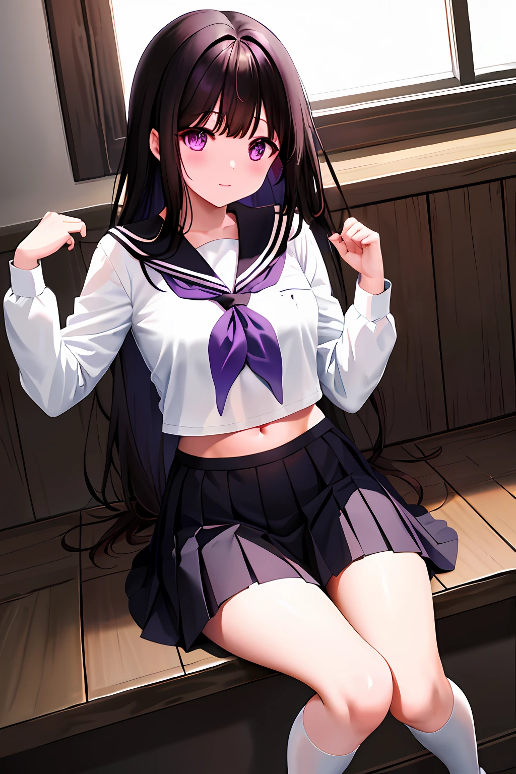 1 female、Eru Sentanda、Long、A dark-haired、student clothes、Purple eye、White shirt、White Socks、pleatedskirt、bangss、Black Sailor Color、neckerchief、Black skirt、long-sleeve、(Shirt Raised 1.2)、Navel、bra very、1girl, chitanda eru, long hair, black hair, school uniform, purple eyes, white shirt, white socks, pleated skirt, bangs, black sailor collar, neckerchief, black skirt, long sleeves, (shirt lift:1.2), navel, bra,