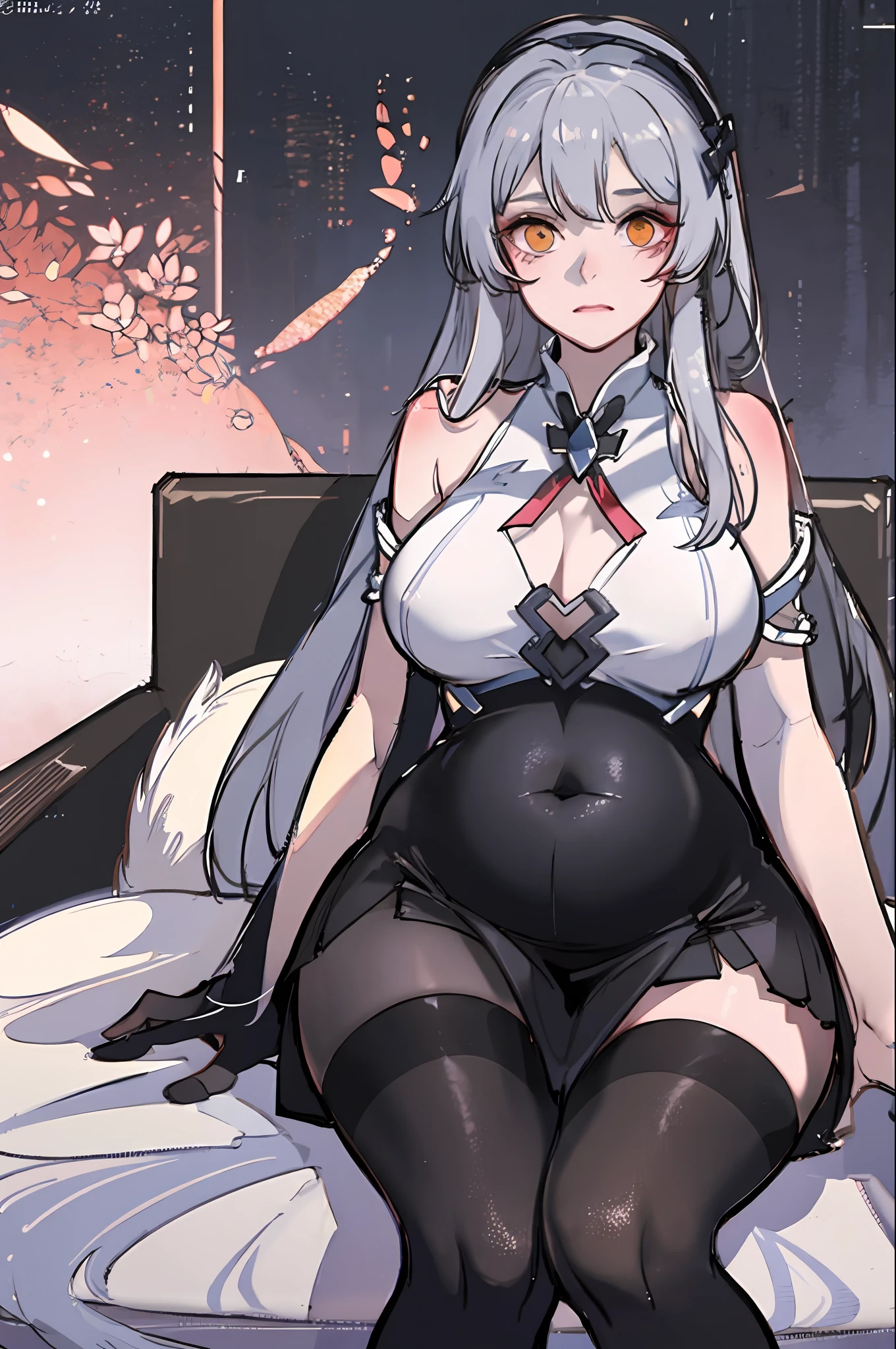 (((1个Giant Breast Girl)),Ray traching,(dim murky lights),[detailedbackground(Bedrooms)),((Silvery hair)),((A pink-haired)),(((((Fluffy silver hair,plump and slender girl))Wears a high ponytail)))Avoid golden eyes in the ominous bedroom((((Girl wears white shirt,Black wrinkled skirt,Wear yours with black sheer pantyhose),It shows a delicate and slender figure and beautiful curves,Correct limbs,sit on a bed,Pregnant belly,Pregnant belly,Pregnant women with