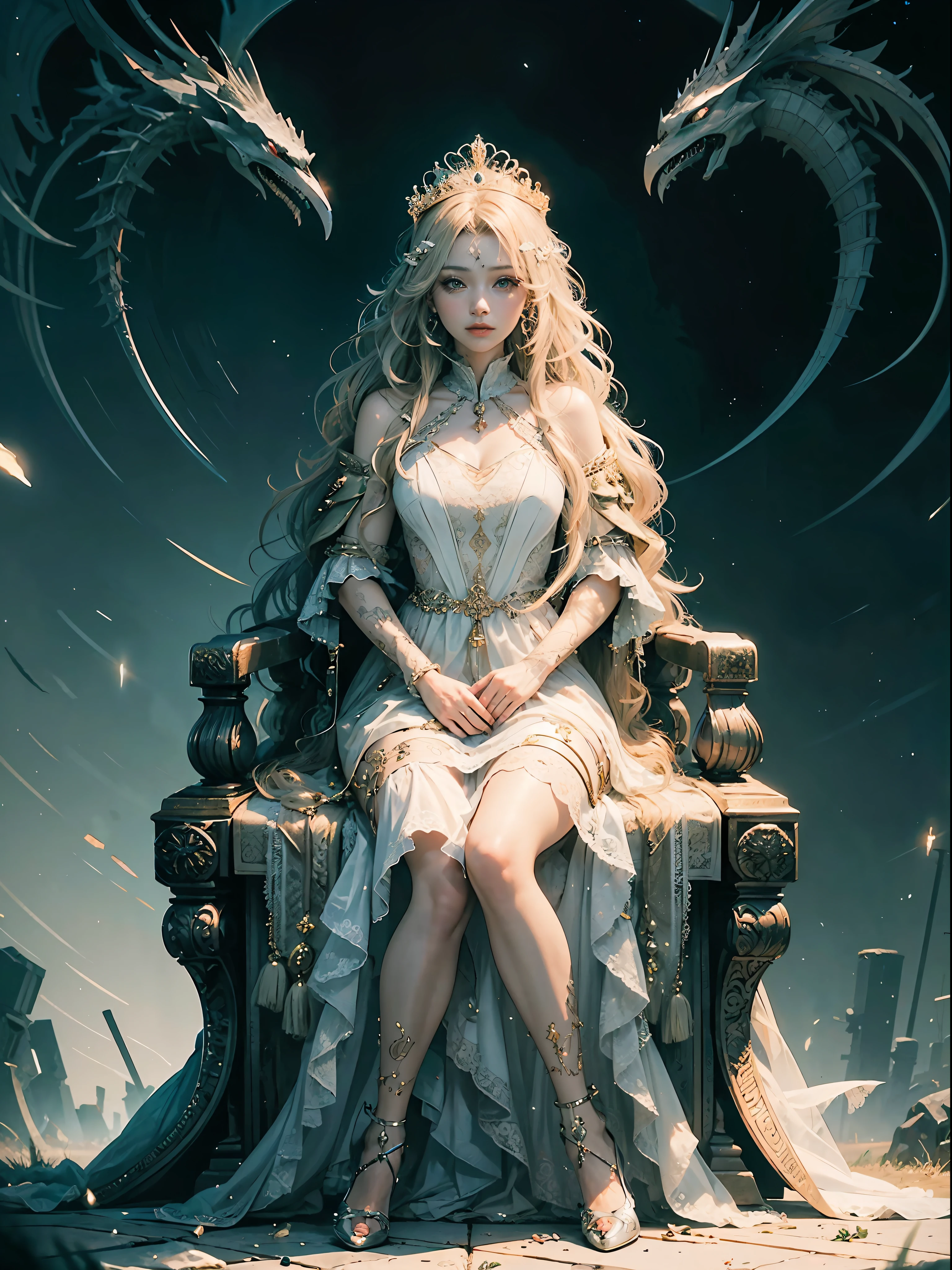 （the Extremely Detailed CG Unity 8K Wallpapers），（tmasterpiece），（best qualtiy），（ultra - detailed），（Most Best Illustration），（Best shadow），（真实感：1.6），Real human skin，A noble queen，long whitr hair，jewely，Lace dress，sitting on an royal throne，Perfect facial details，Intricate clothing details， --auto