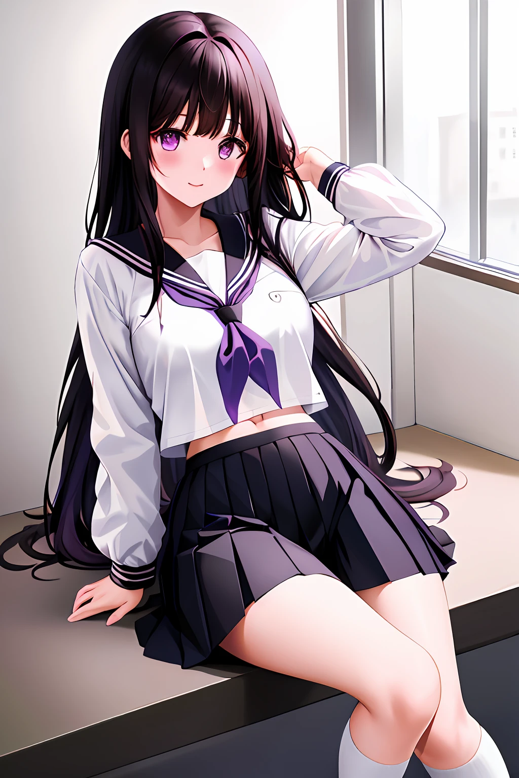 1 female、Eru Sentanda、Long、A dark-haired、student clothes、Purple eye、White shirt、White Socks、pleatedskirt、bangss、Black Sailor Color、neckerchief、Black skirt、long-sleeve、(Shirt Raised 1.2)、Navel、bra very、1girl, chitanda eru, long hair, black hair, school uniform, purple eyes, white shirt, white socks, pleated skirt, bangs, black sailor collar, neckerchief, black skirt, long sleeves, (shirt lift:1.2), navel, bra,