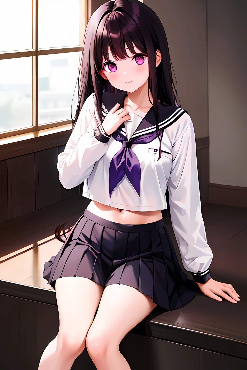 1 female、Eru Sentanda、Long、A dark-haired、student clothes、Purple eye、White shirt、White Socks、pleatedskirt、bangss、Black Sailor Color、neckerchief、Black skirt、long-sleeve、(Shirt Raised 1.2)、Navel、bra very、1girl, chitanda eru, long hair, black hair, school uniform, purple eyes, white shirt, white socks, pleated skirt, bangs, black sailor collar, neckerchief, black skirt, long sleeves, (shirt lift:1.2), navel, bra,