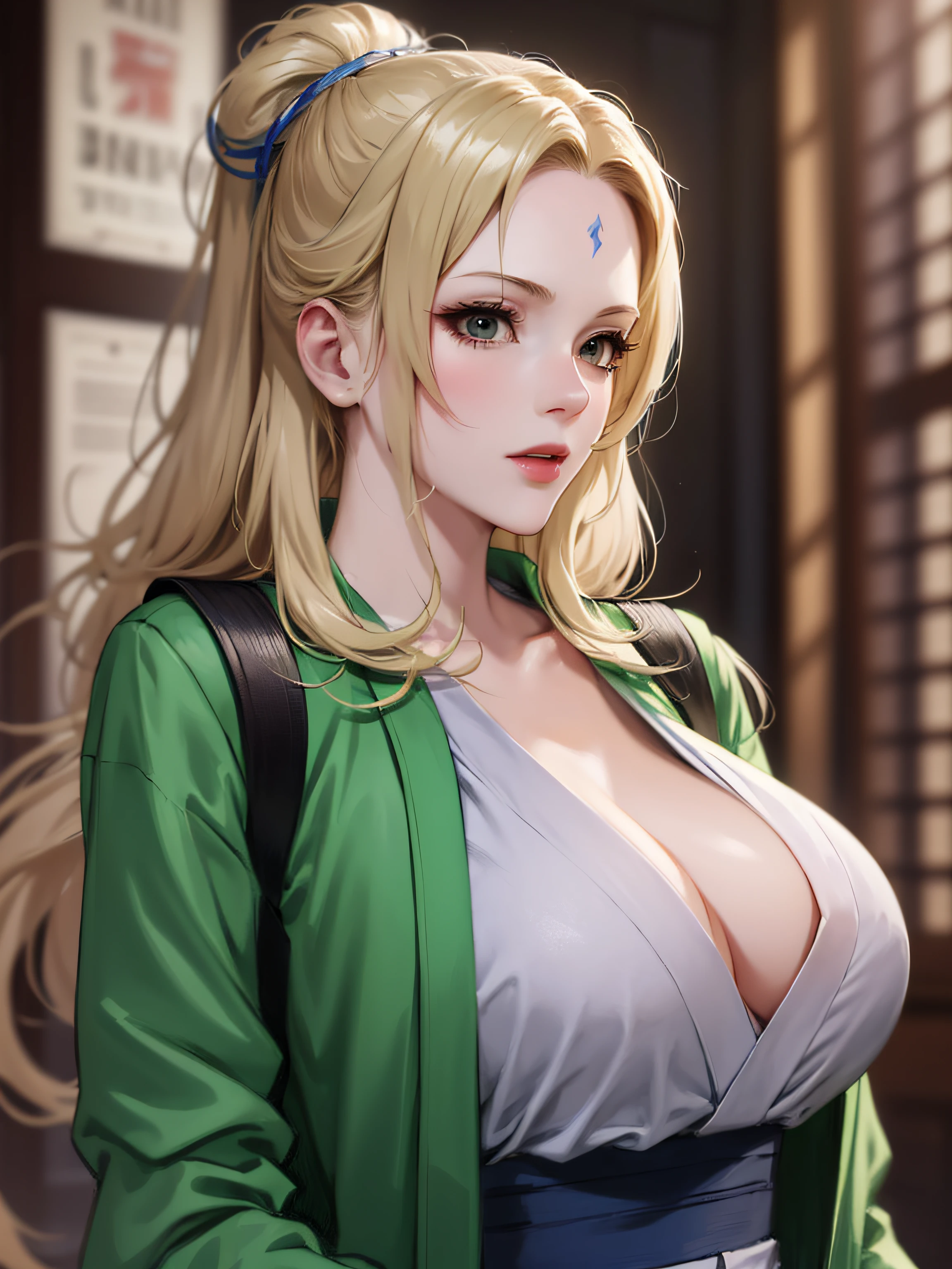 A high resolution， tack sharp focus， Pixiv masterpiece， （（Complicated details））， highly  detailed， full bodyesbian， 1girll， mature， blond hairbl， Blue forehead mark， Kimono with white， Green jacket， obi strip， tsunade_senju，The chest is huge