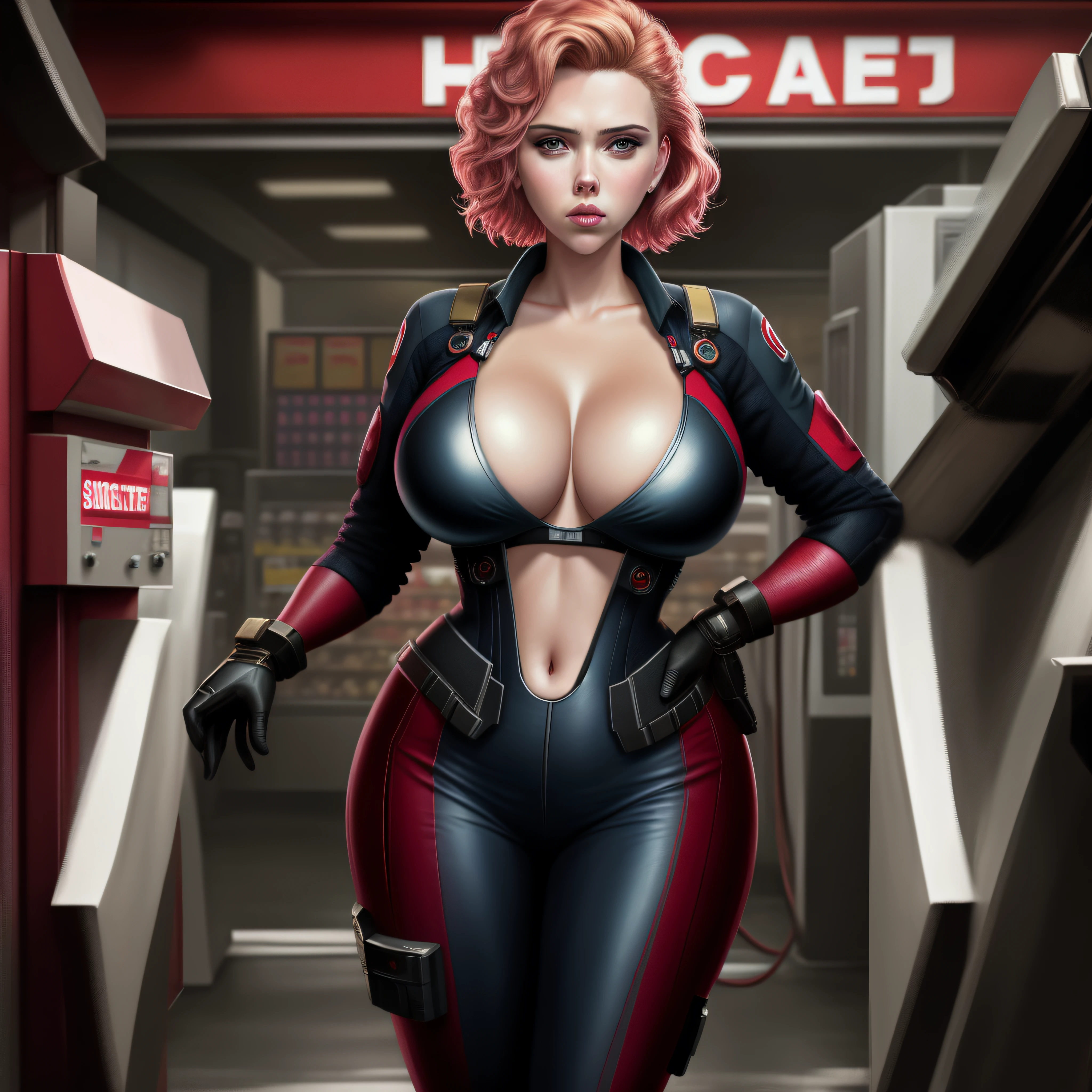Scarlett Johansson Working at Gas Station, Huge Breasts, Giganatic Breasts, Hot Figure, Cleavage, 8k UHD, Hyper Realistic Portrait, Digital Painting