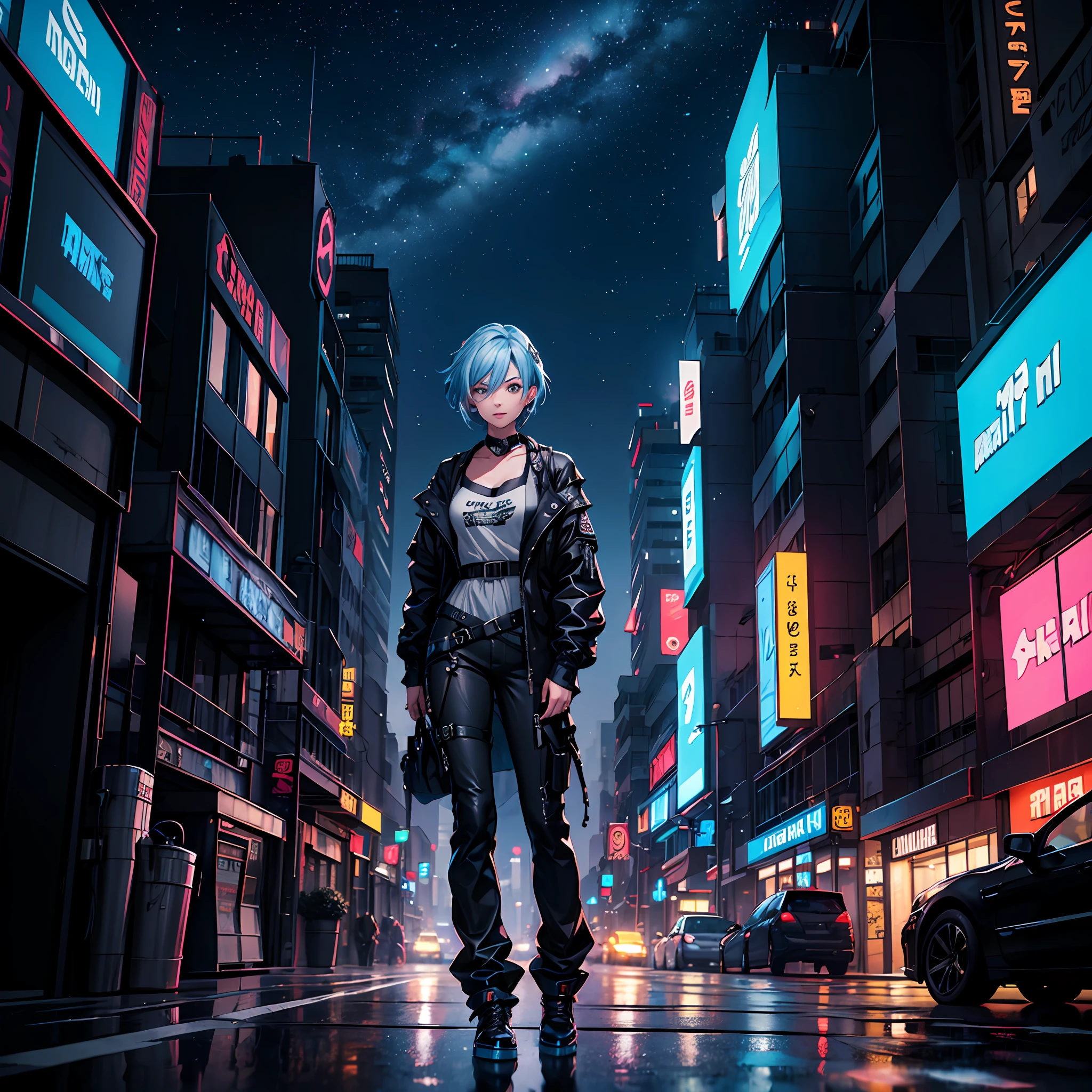 (masterpiece:1.1), (highest quality:1.1), (HDR:1.0), 1girl, solo (detailed face+eyes), dress, building, city, jacket, baggy pants, looking at viewer, night, night_sky, outdoors, road, shirt,short hair with white rose hair pin,blue hair, hair down, sky, skyscraper, smirk, starry_sky, a cute girl standing on a street, cyberpunk, reflective, metal, (black), 8K, hyper focus, full color, cinematic, shine, neon lights, underglow, emissive, (serious), (by josan gonzalez), (by Alan Shuptrine:1.3), racing, to scale, close up, (face focus:1.2), detailed face, (cinematic movie:1.2)