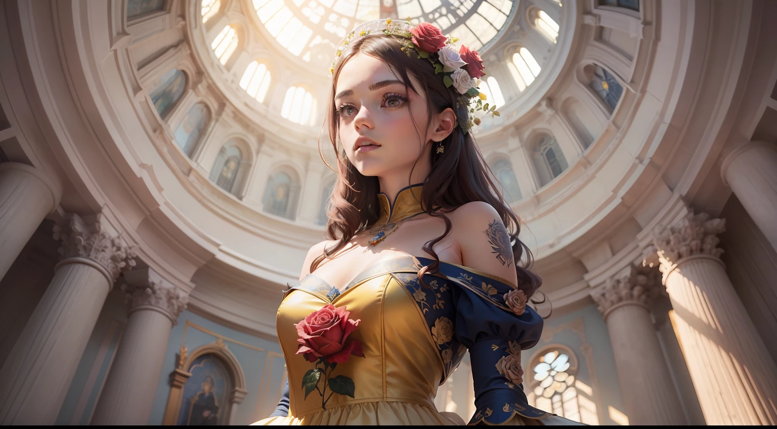 Crie uma tatuagem da rosa encantada em uma redoma de vidro de fundo. description: A tatuagem apresenta a famosa rosa encantada, central symbol of history, dentro de uma redoma de vidro. The rose is in full bloom, with delicate petals and a magical glow around you. The dome is adorned with charming details, as interlaced leaves and ornamental patterns, and Belle in her iconic yellow dress and the Beast in a royal blue and gold suit in front of the dome with the rose.