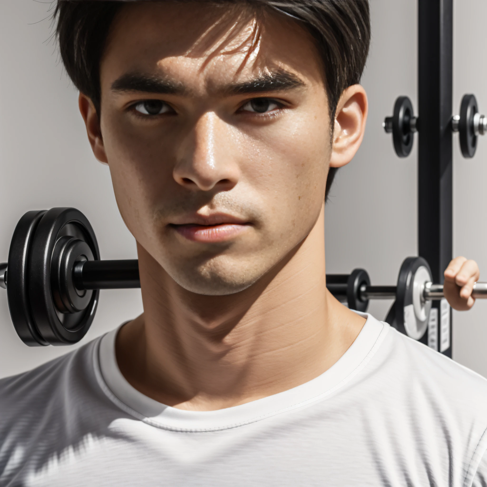 best qualtiy, 超高分辨率, (realisticlying:1.4), tmasterpiece, blur backgroun , gym room, 独奏, 1 boy, Young person , standing on your feet, white skinned, white t - shirt, posing on a, looking at viewert , sface focus,Black and white light contrast is obvious,lamplight(It's dark, It's dark,It's bright)