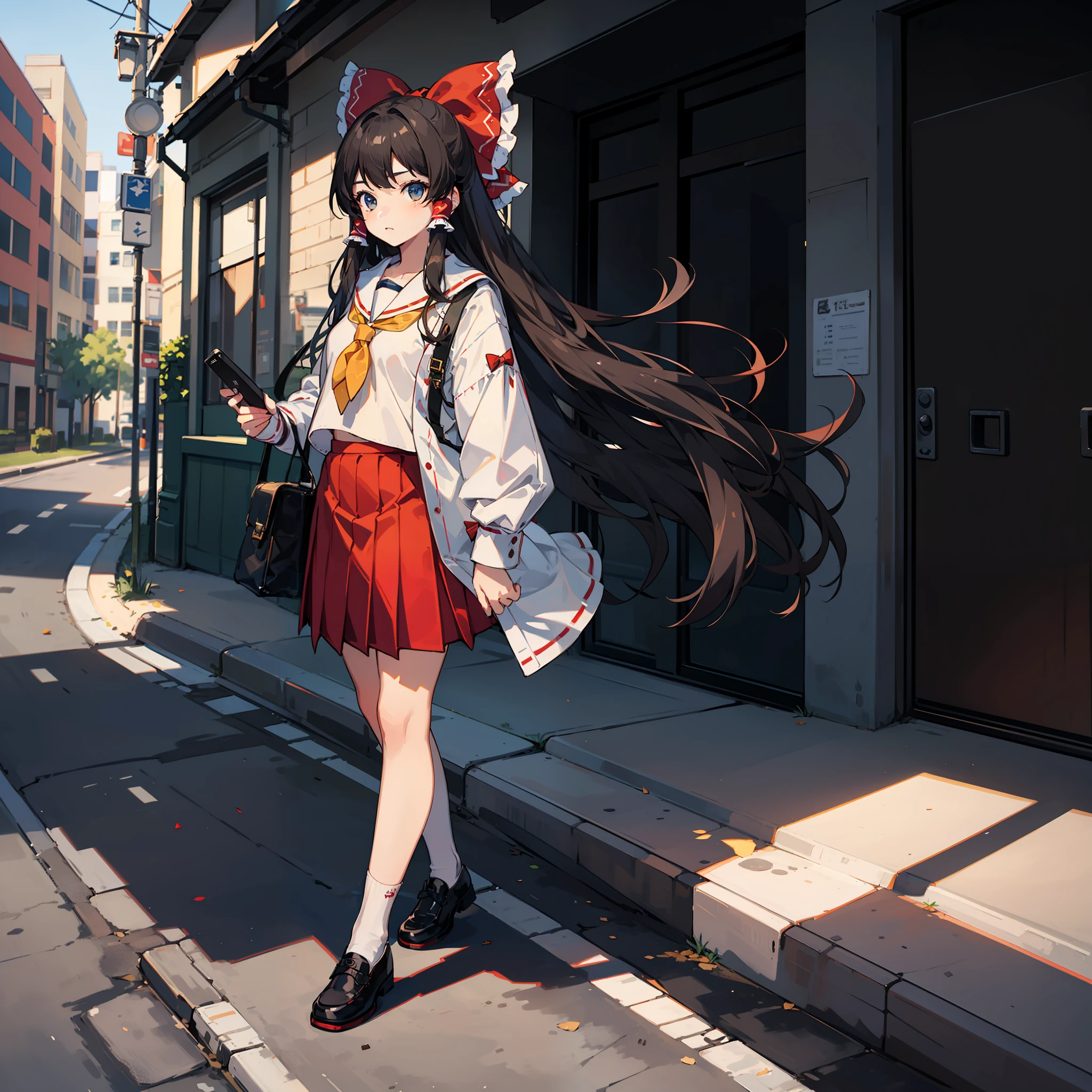 Depiction of a young woman with long hair holding a briefcase, 1 girl, solo, Reimu Hakurei, school uniform, Gohei, skirt, shoes, Serafuku, white sailor uniform, socks, Mary Janes, school background, different costume, long sleeves, black hair, full body, looking at viewer, long hair