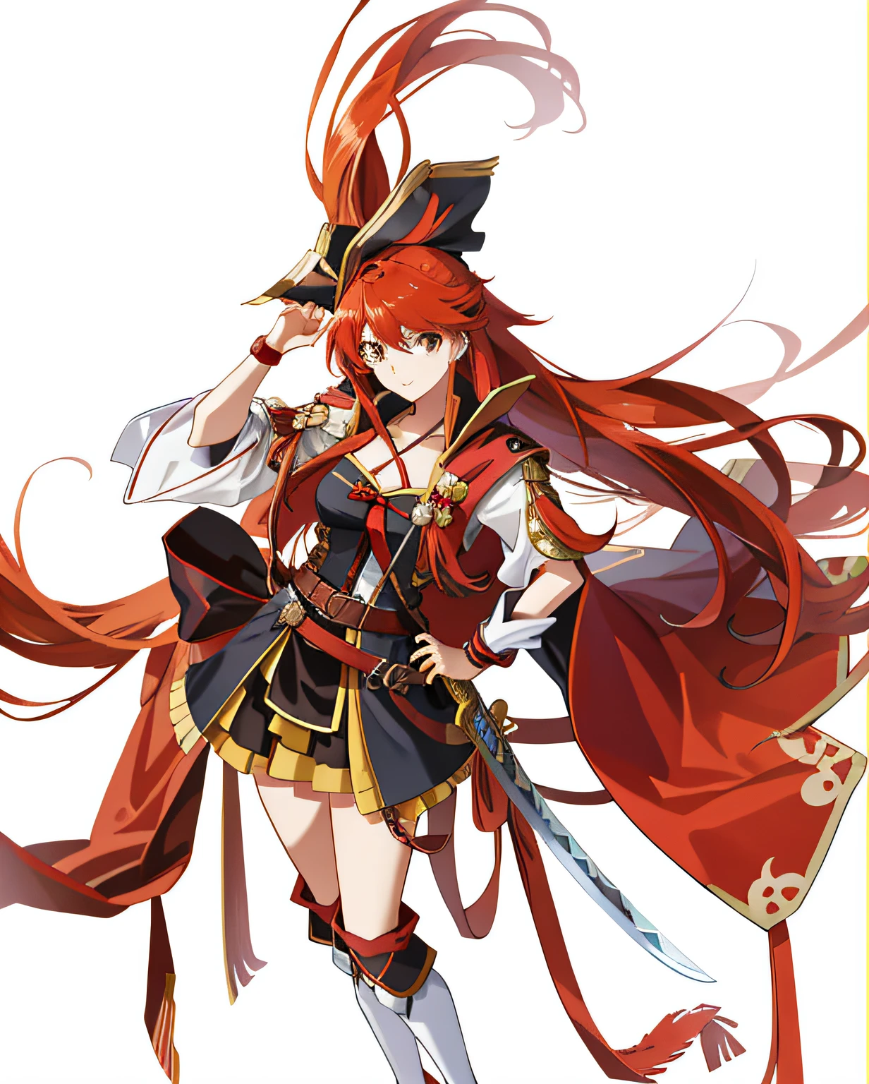 Anime girl with long red hair riding a horse with a sword, Marin Kitagawa fanart, pirate queen, inspired by Li Chevalier, rias gremory, marisa kirisame, nobutaka ike, offcial art, zerochan art, erza scarlet as a real person, she has long redorange hair, pudica pose, official character art, lina
