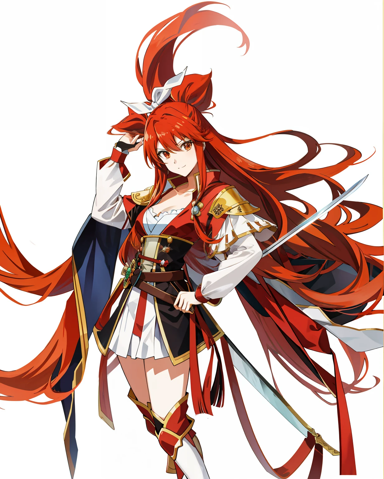 Anime girl with long red hair riding a horse with a sword, Marin Kitagawa fanart, pirate queen, inspired by Li Chevalier, rias gremory, marisa kirisame, nobutaka ike, offcial art, zerochan art, erza scarlet as a real person, she has long redorange hair, pudica pose, official character art, lina