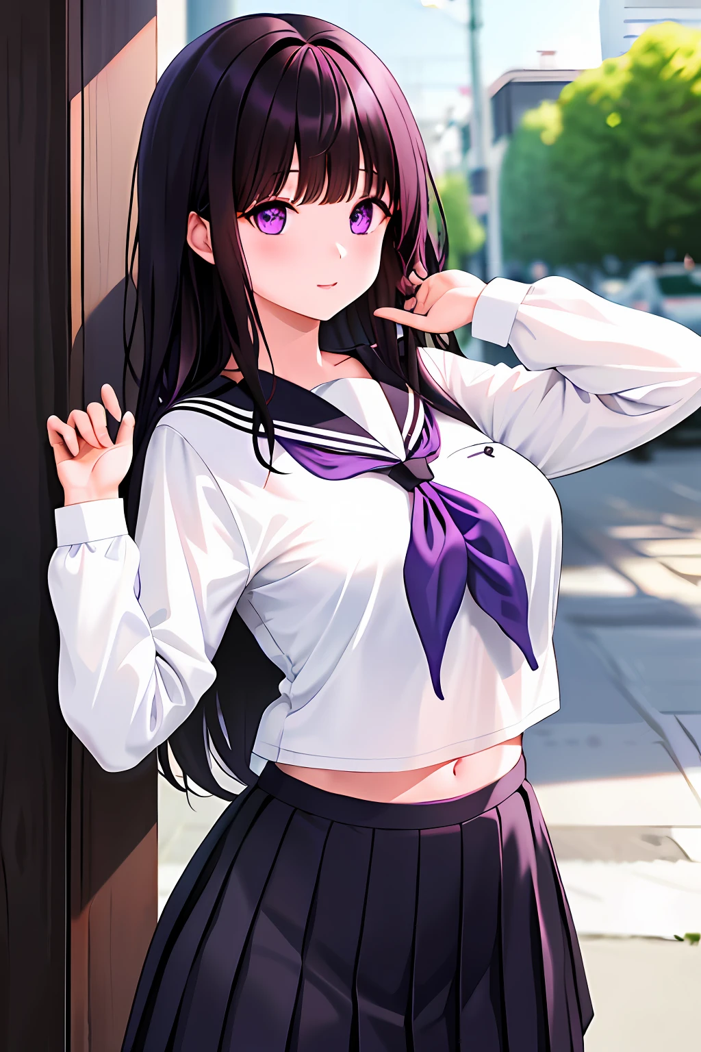 1 female、Eru Sentanda、long、A dark-haired、student clothes、Purple Eye、White shirt、White socks、pleatedskirt、bangss、Black sailor color、neckerchief、Black skirt、long-sleeve、(Shirt Raised 1.2)、Navel、bra very、1girl in, chitanda eru, Long hair, Black hair, School uniform, Purple eyes, White shirt, White socks, Pleated skirt, Bangs, black sailor collar, neckerchief, Black skirt, Long sleeves, (shirts lift:1.2), Navel, Show your bra,Takushi、hotel